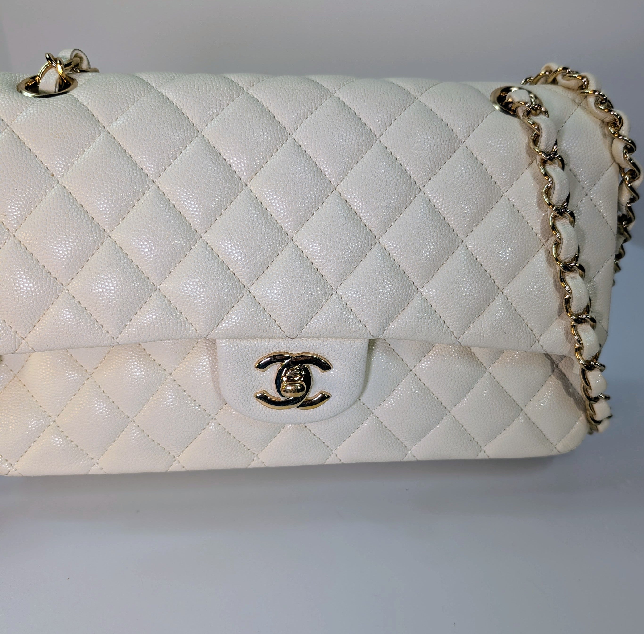 Chanel Vintage S2 Classic White Quilted Caviar Leather Double Flap Bag with 24k Gold-Plated Hardware