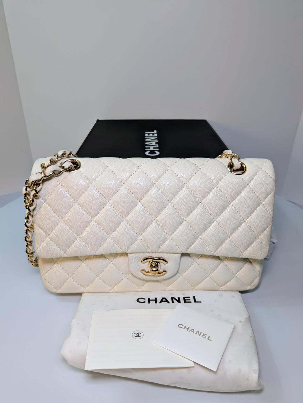 Chanel Vintage S2 Classic White Quilted Caviar Leather Double Flap Bag with 24k Gold-Plated Hardware