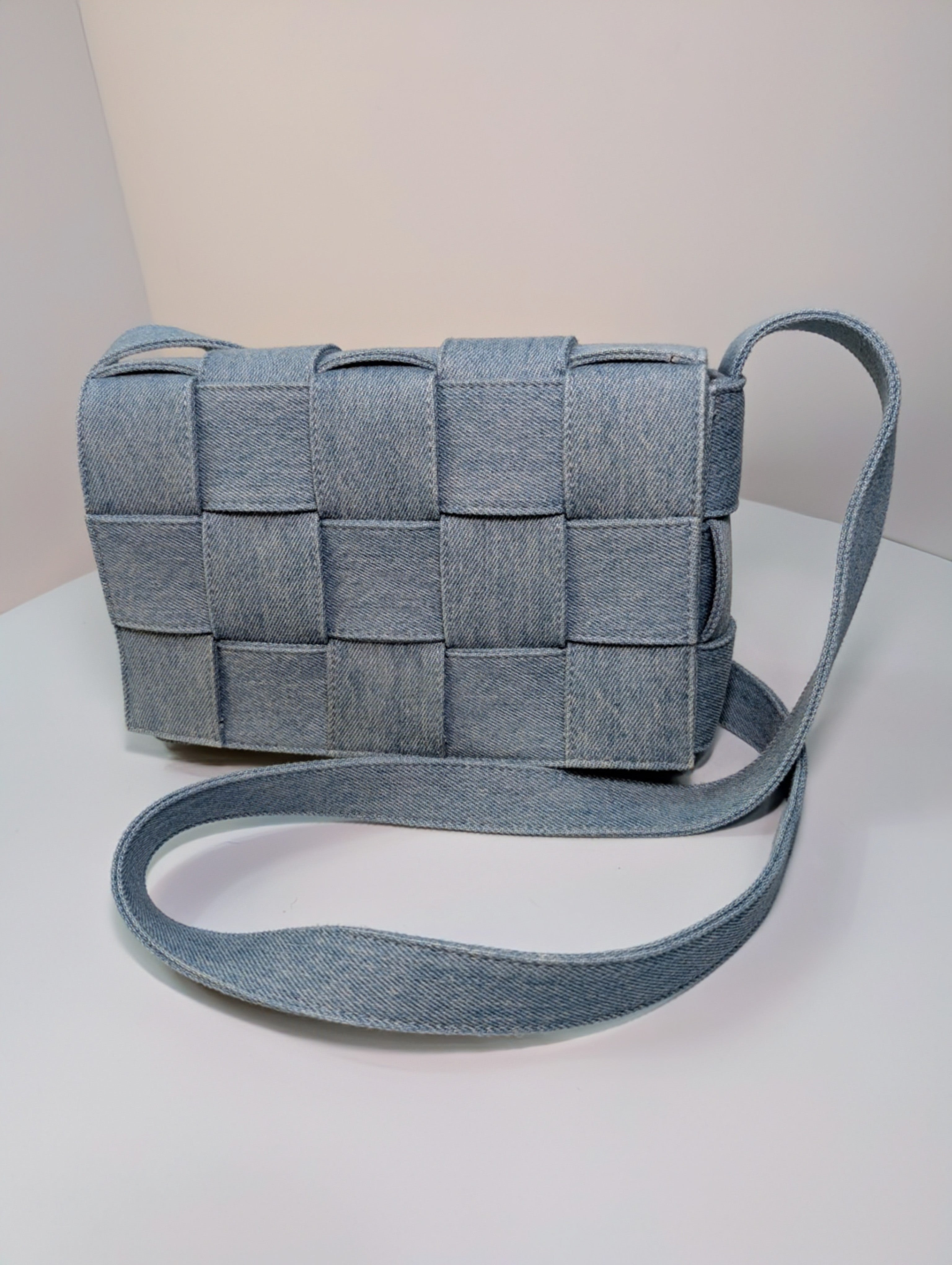 Bottega Veneta Light Blue Denim Intrecciato Cassette Crossbody Bag