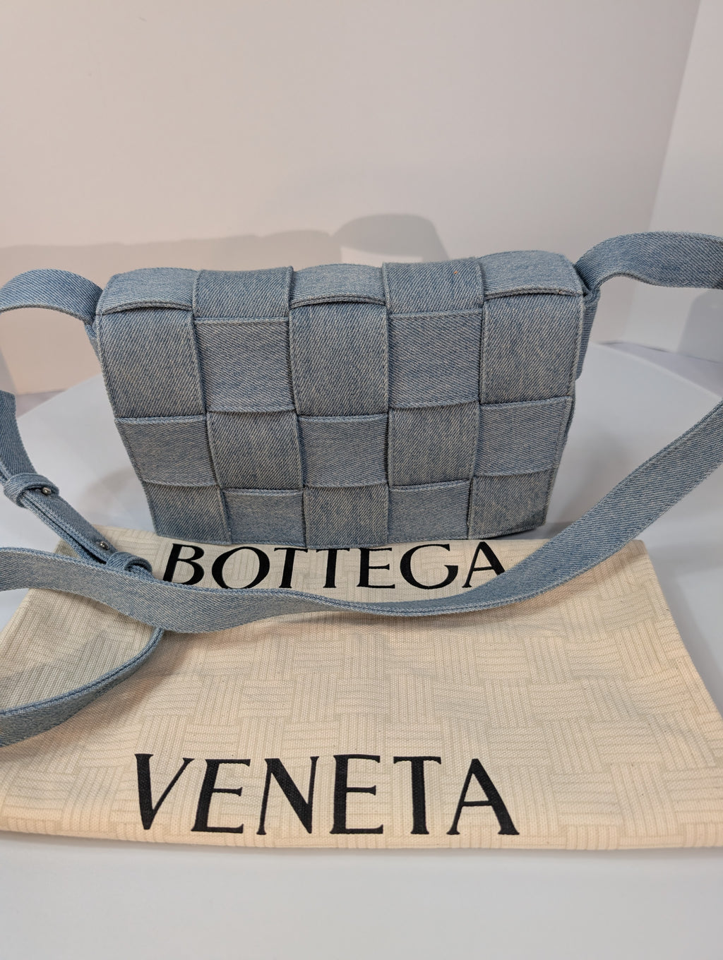 Bottega Veneta Light Blue Denim Intrecciato Cassette Crossbody Bag