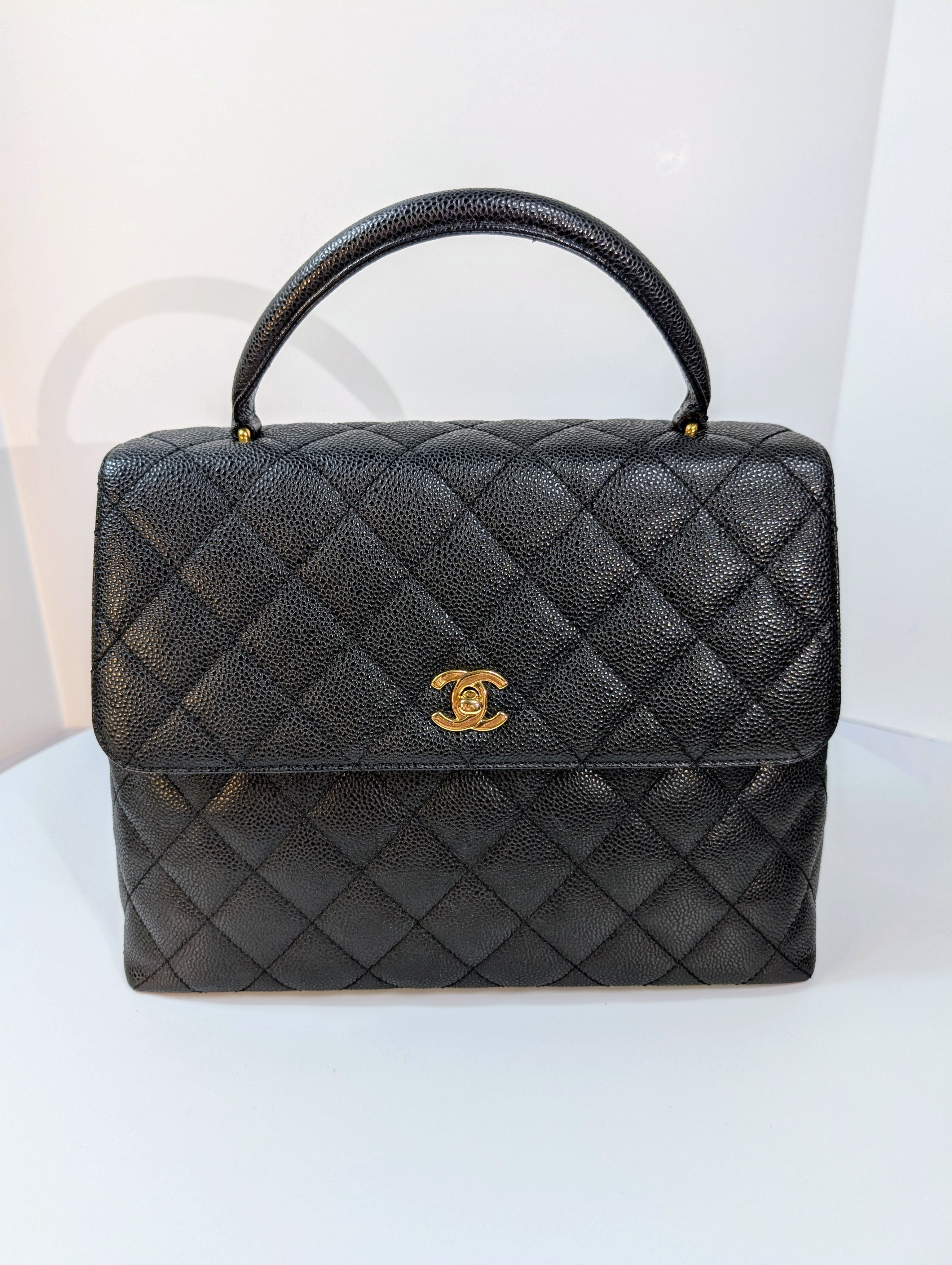 Chanel Vintage Black Quilted Caviar Leather Medium Kelly Flap Top Handle Bag