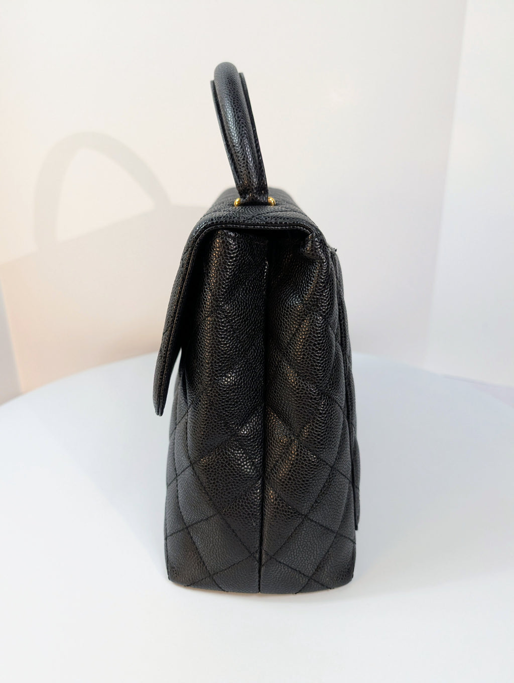 Chanel Vintage Black Quilted Caviar Leather Medium Kelly Flap Top Handle Bag