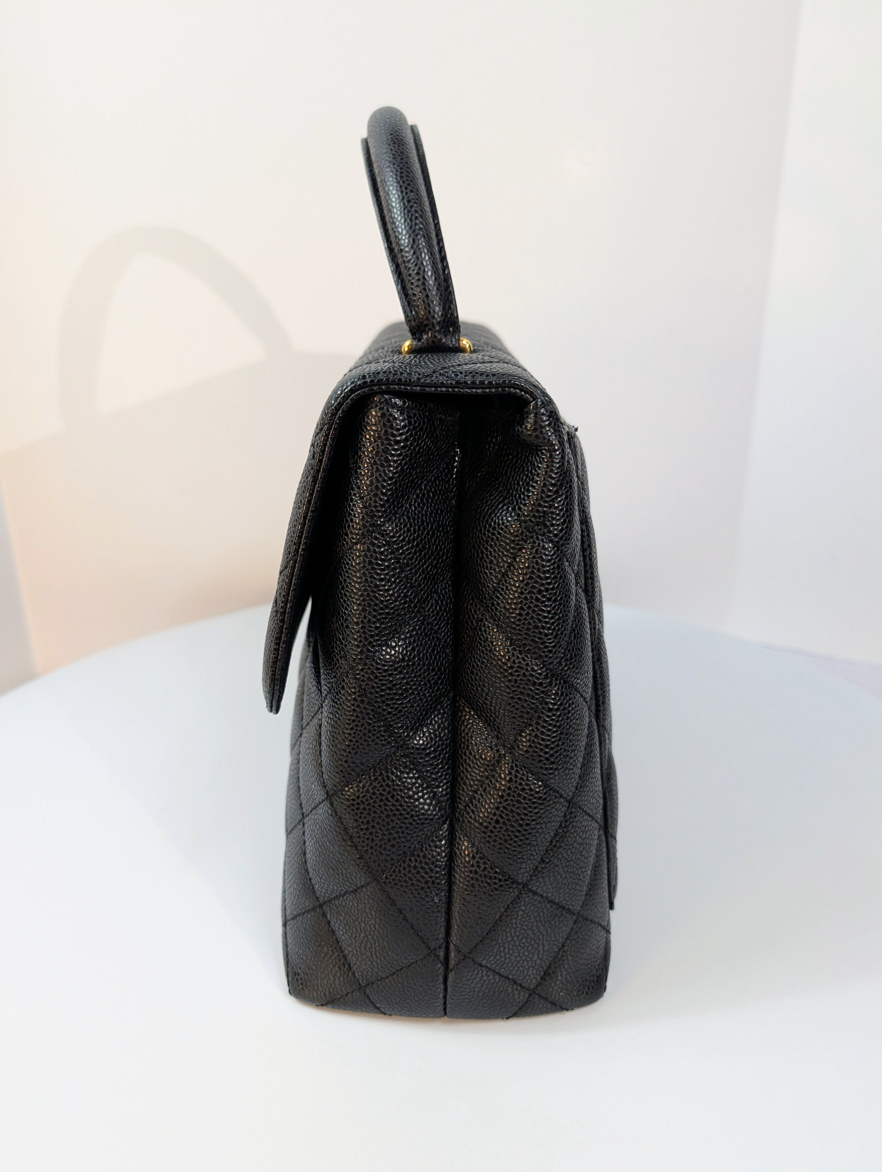 Chanel Vintage Black Quilted Caviar Leather Medium Kelly Flap Top Handle Bag