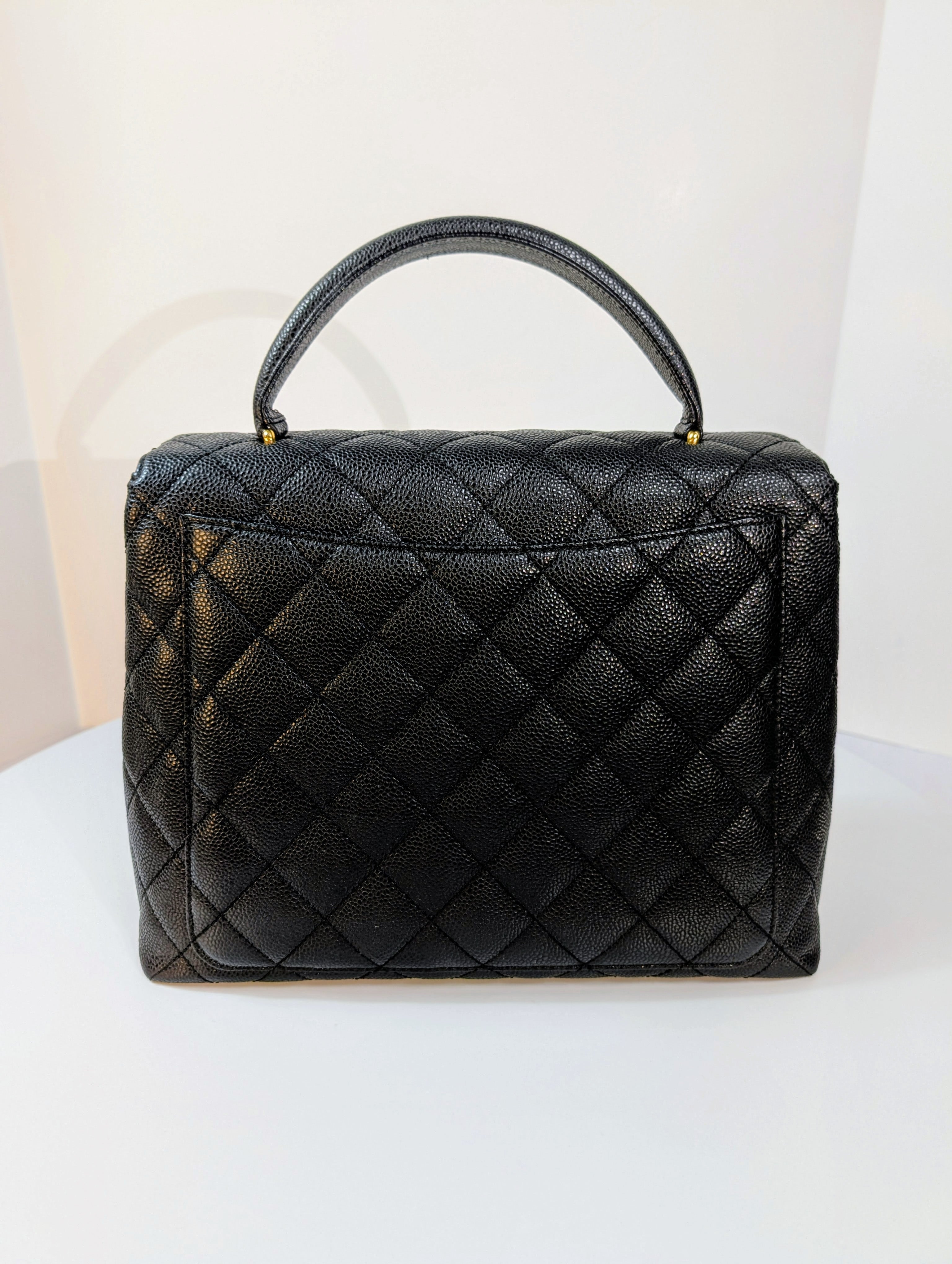 Chanel Vintage Black Quilted Caviar Leather Medium Kelly Flap Top Handle Bag
