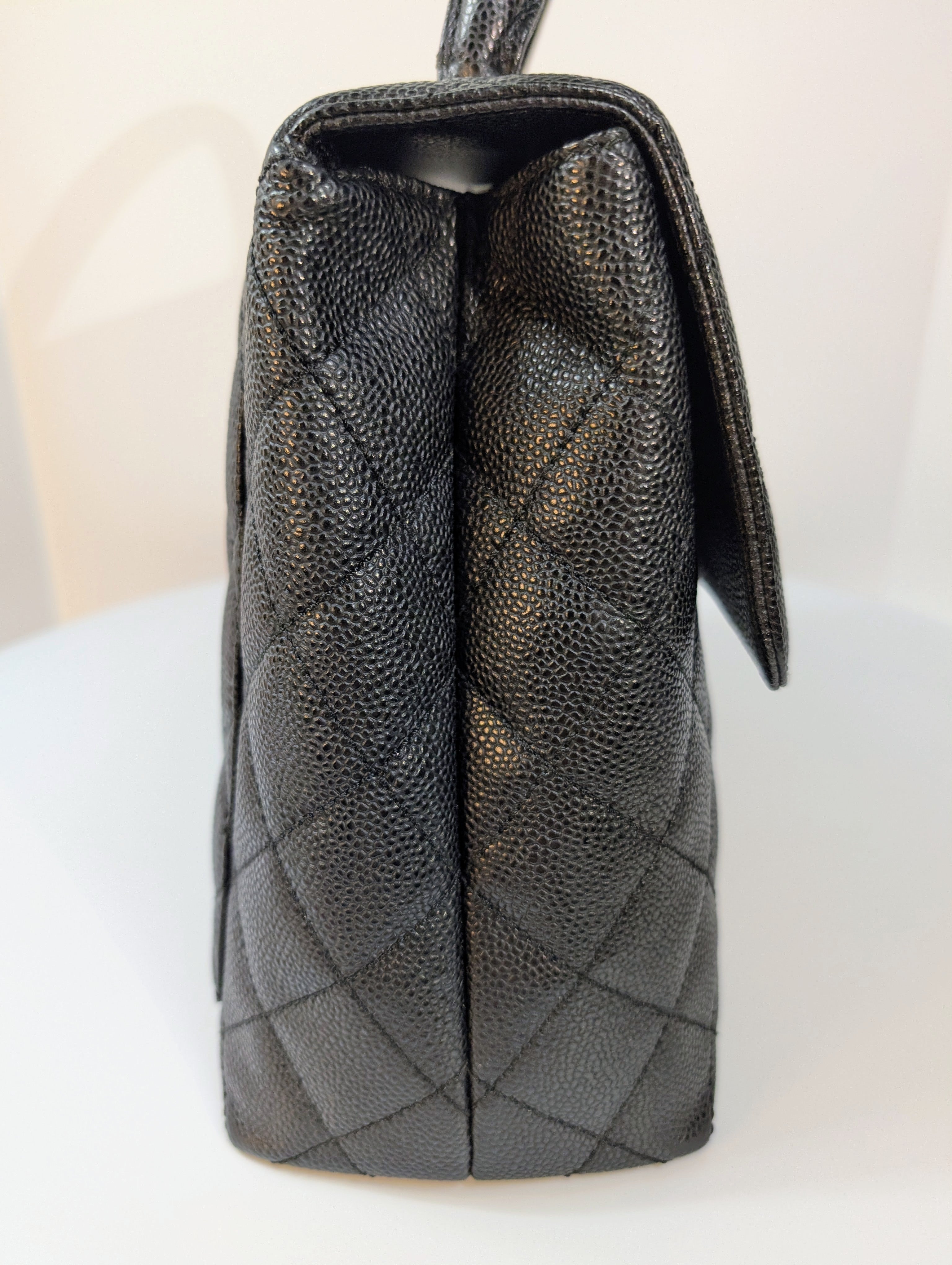 Chanel Vintage Black Quilted Caviar Leather Medium Kelly Flap Top Handle Bag