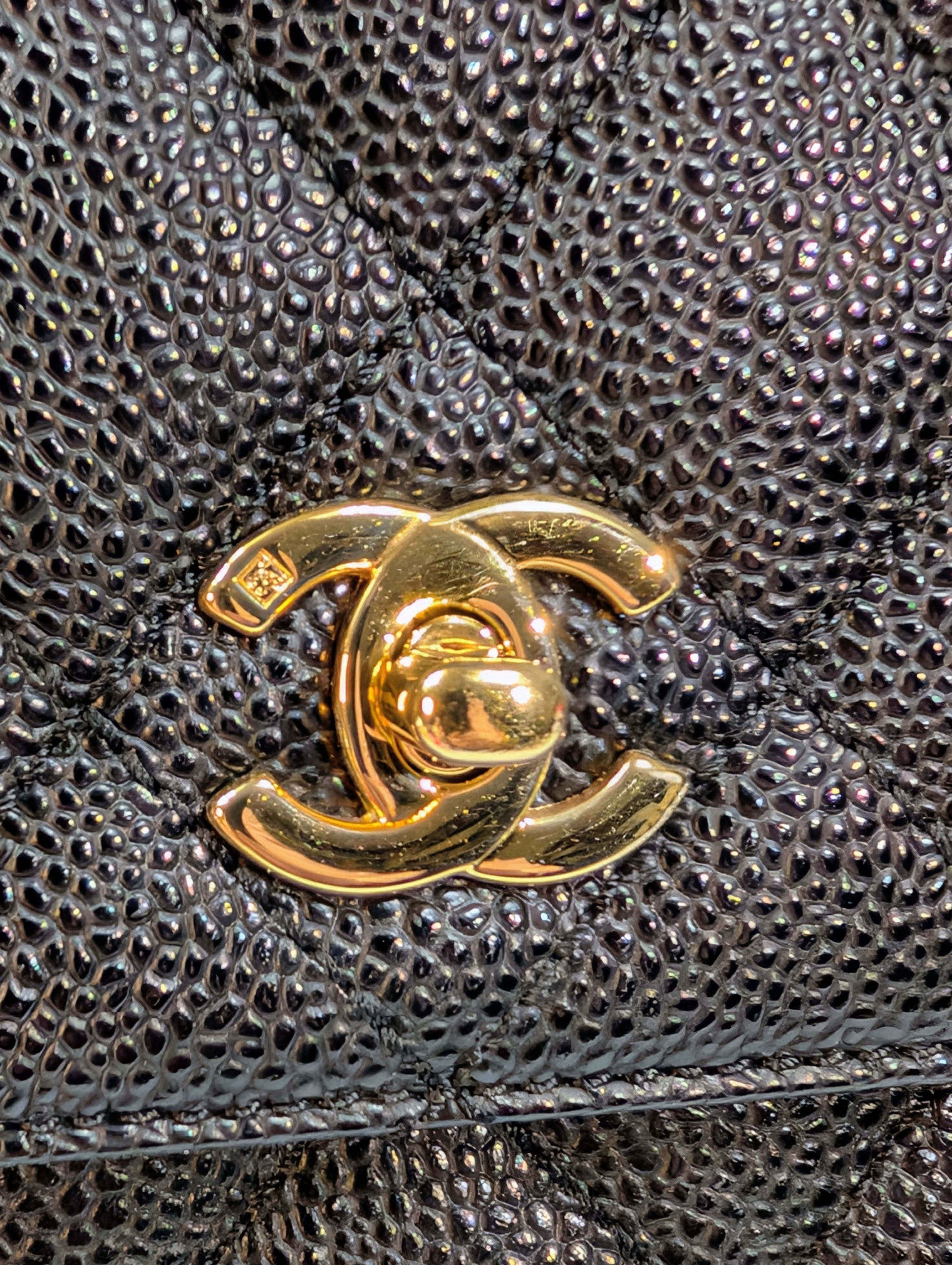 Chanel Vintage Black Quilted Caviar Leather Medium Kelly Flap Top Handle Bag