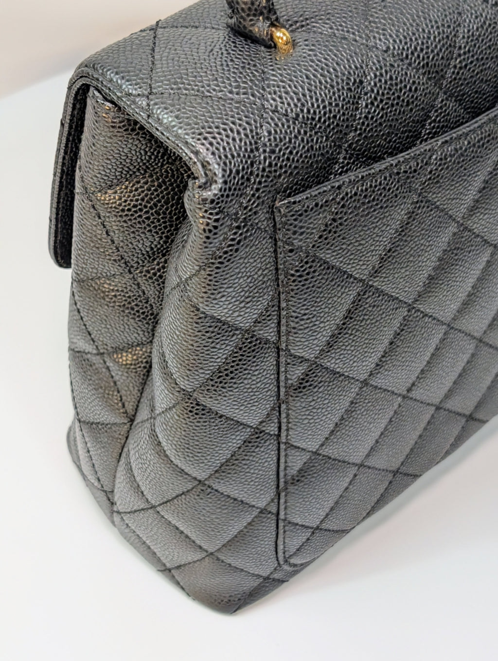 Chanel Vintage Black Quilted Caviar Leather Medium Kelly Flap Top Handle Bag