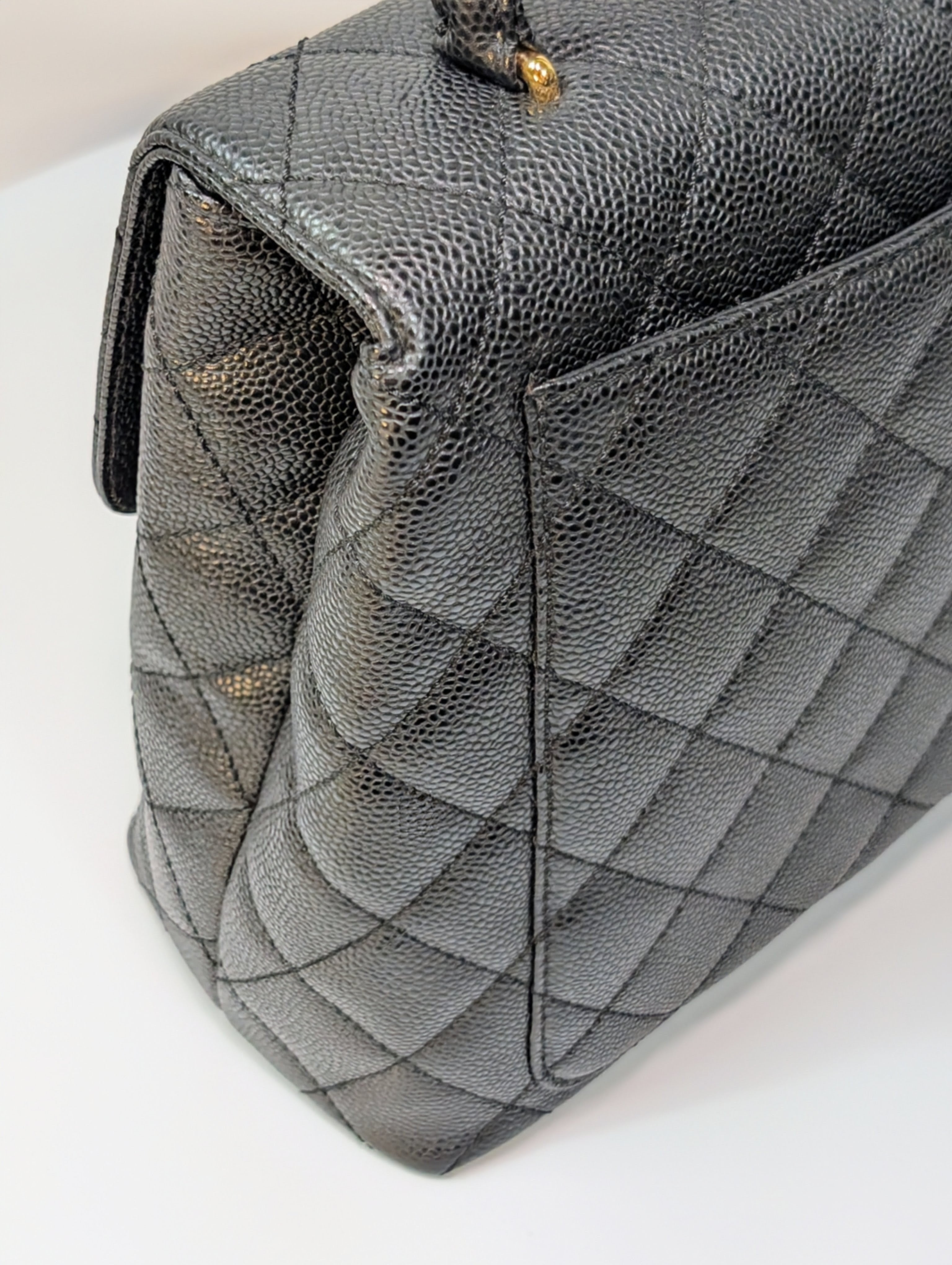 Chanel Vintage Black Quilted Caviar Leather Medium Kelly Flap Top Handle Bag