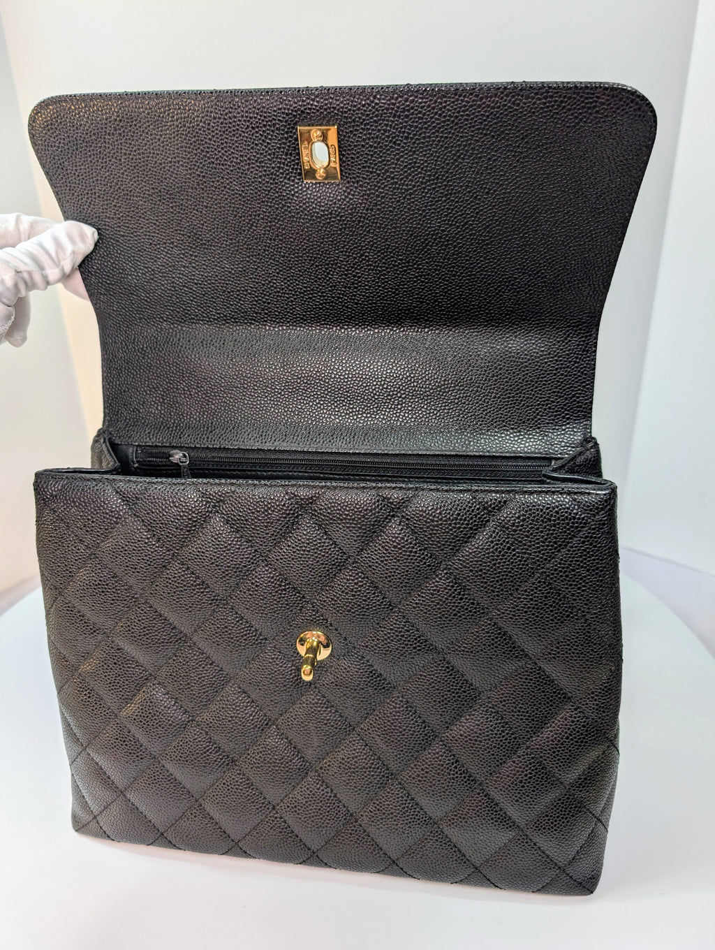 Chanel Vintage Black Quilted Caviar Leather Medium Kelly Flap Top Handle Bag