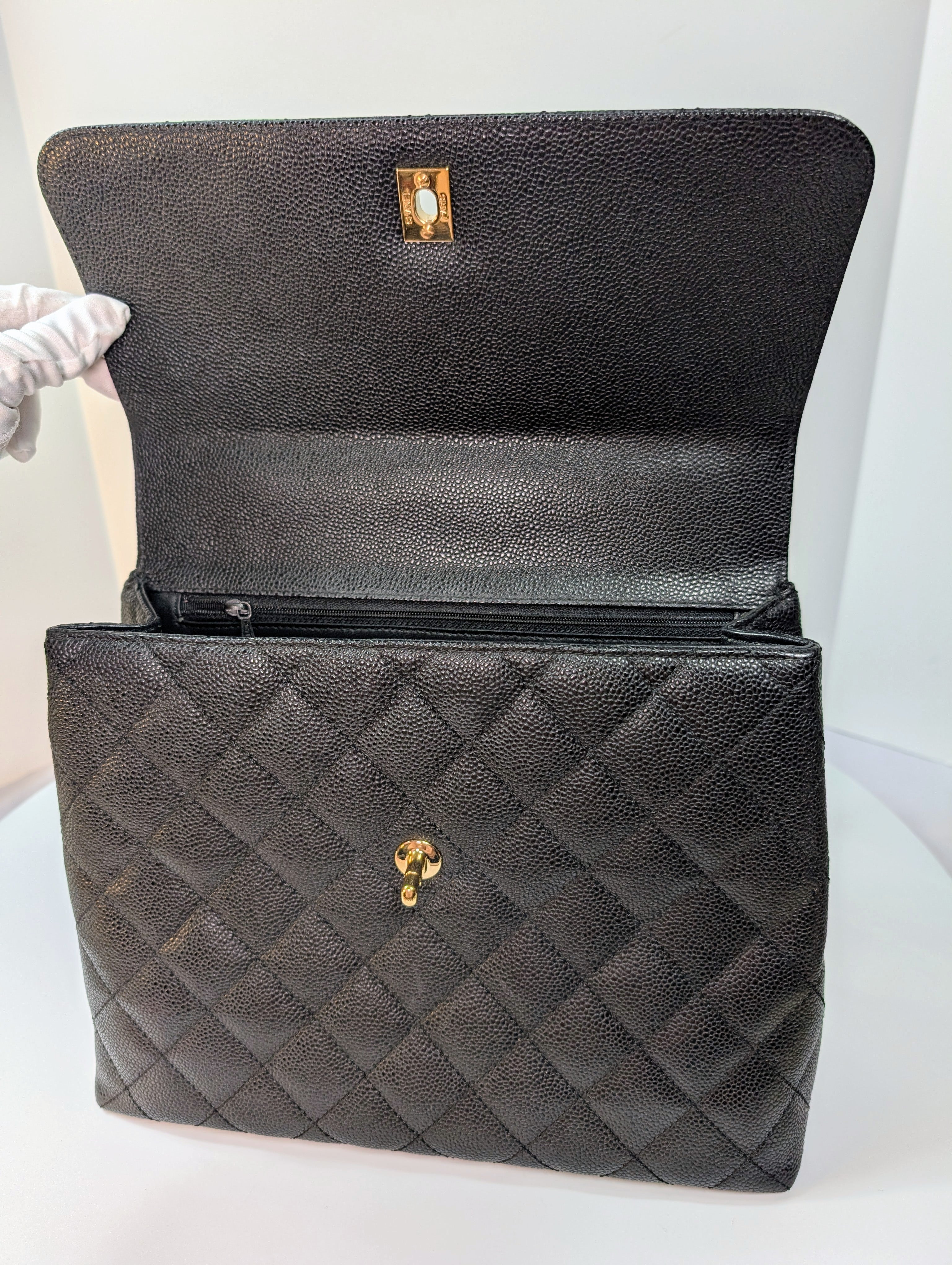 Chanel Vintage Black Quilted Caviar Leather Medium Kelly Flap Top Handle Bag