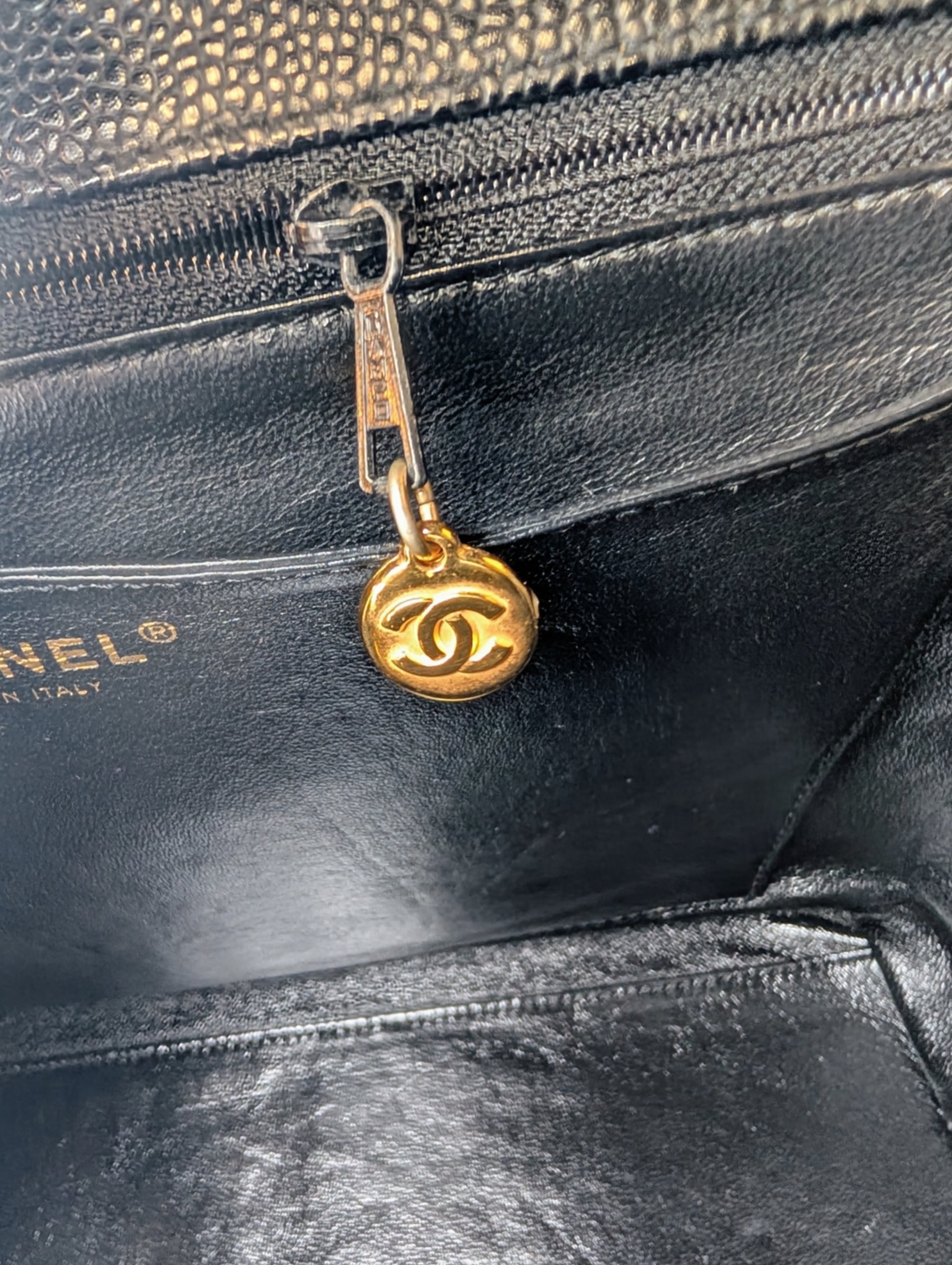 Chanel Vintage Black Quilted Caviar Leather Medium Kelly Flap Top Handle Bag