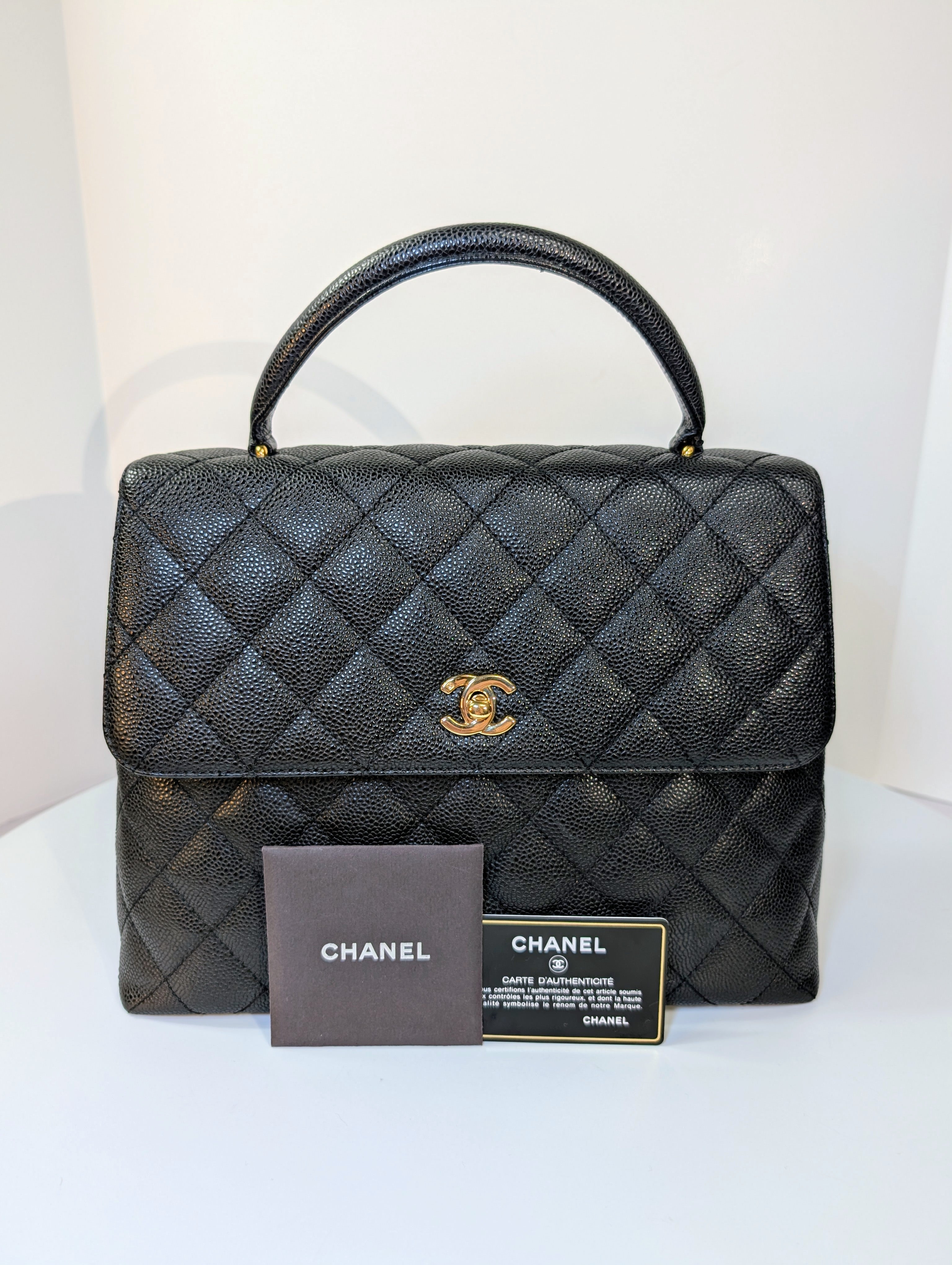 Chanel Vintage Black Quilted Caviar Leather Medium Kelly Flap Top Handle Bag