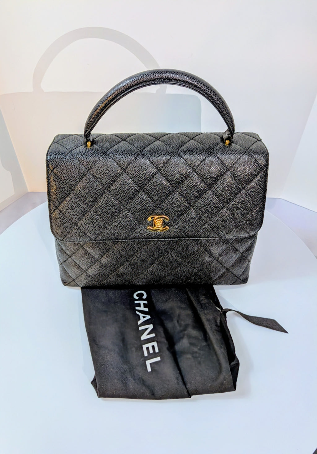 Chanel Vintage Black Quilted Caviar Leather Medium Kelly Flap Top Handle Bag