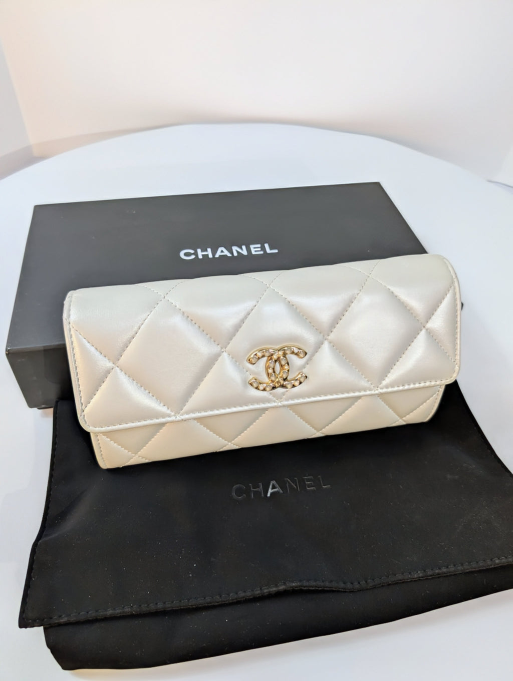 Chanel 19 Pearlized Silver Mini Long Flap Quilted Lambskin Clutch