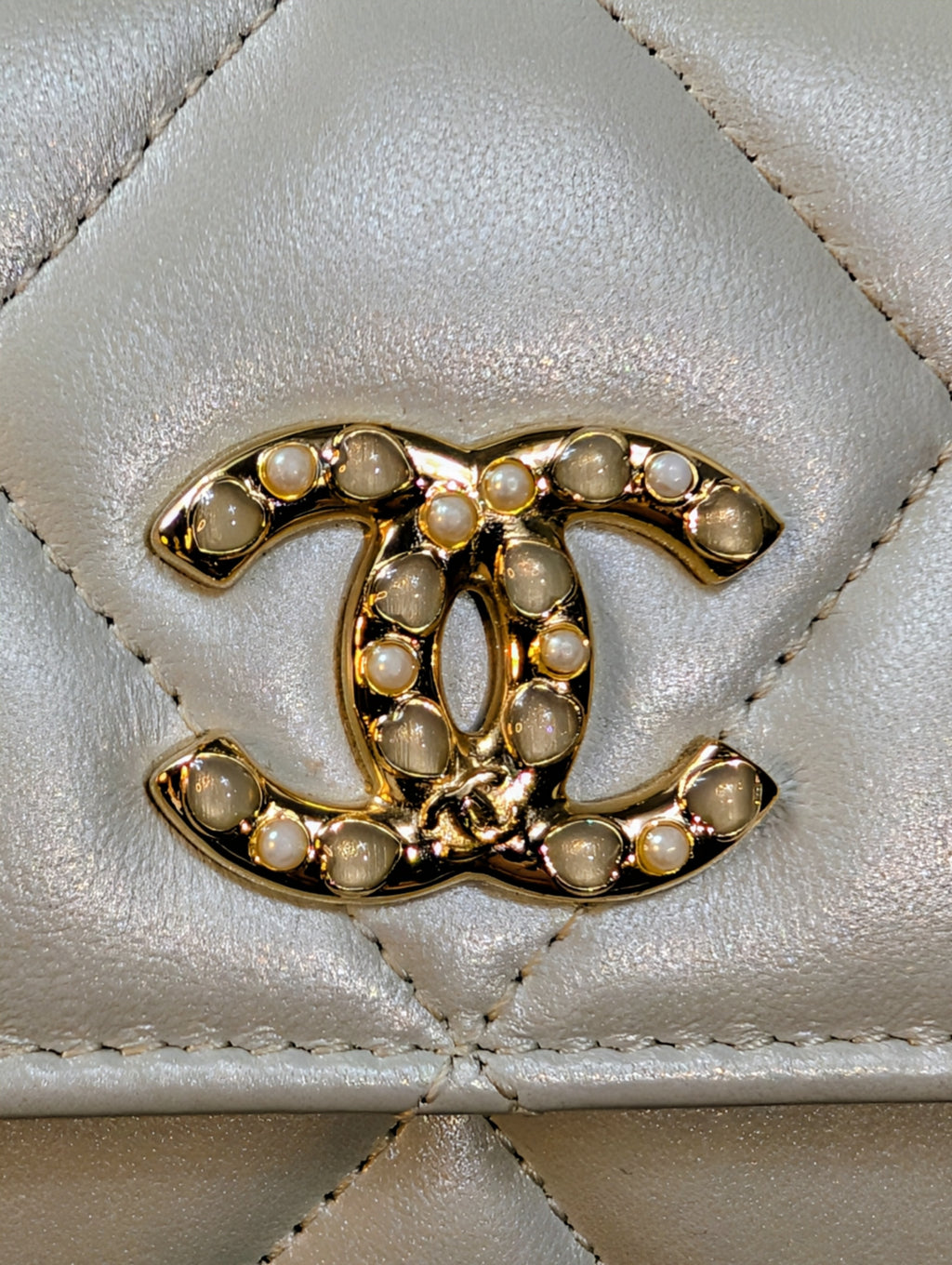 Chanel 19 Pearlized Silver Mini Long Flap Quilted Lambskin Clutch