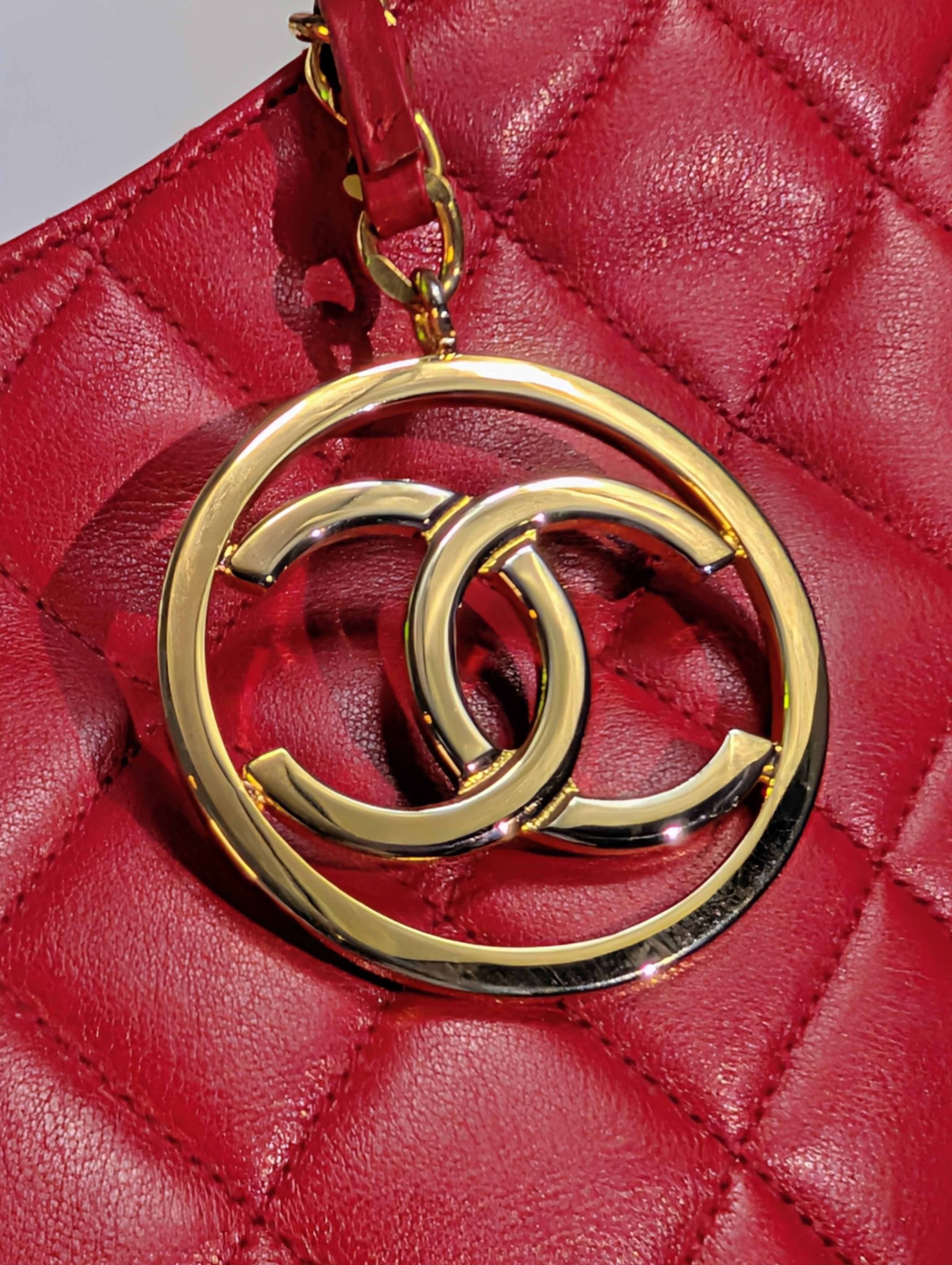 Chanel Vintage Red Quilted Lambskin XL Hobo Bag with 24k Gold-Plated Medallion