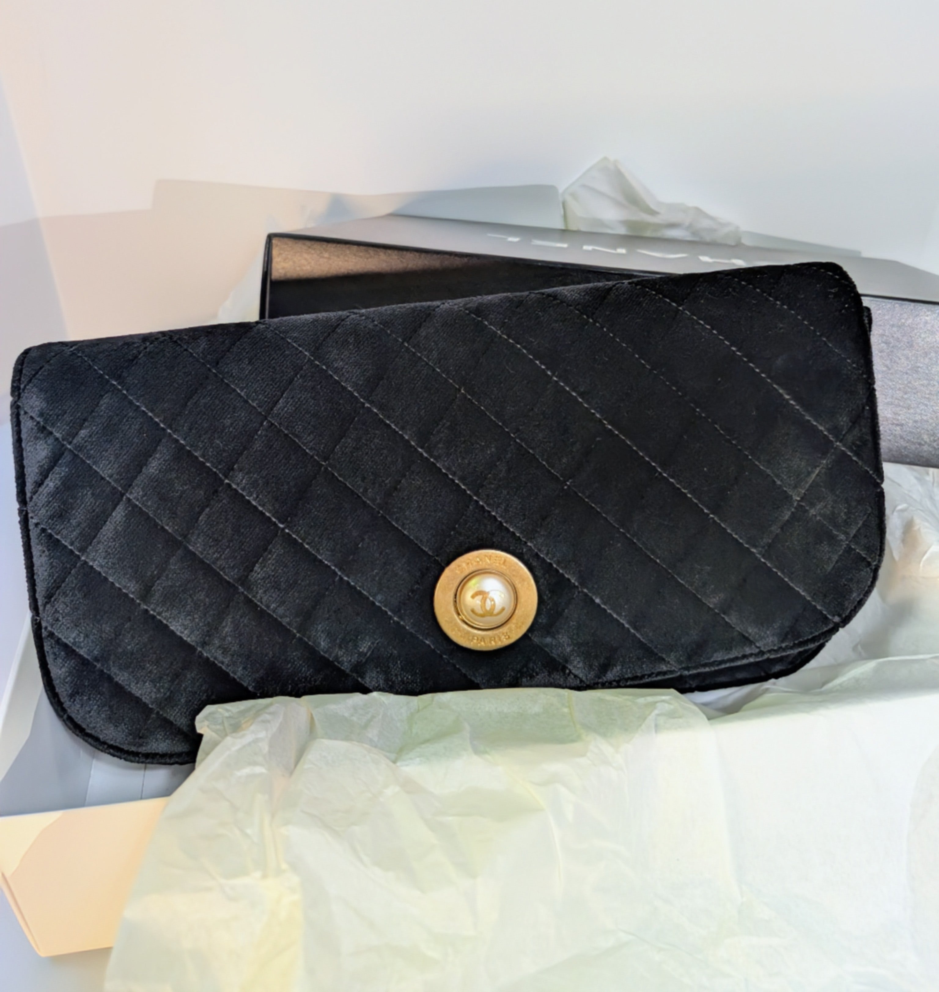 Chanel Paris Cosmopolite Black Velvet Quilted Flap Clutch with Pearl Button