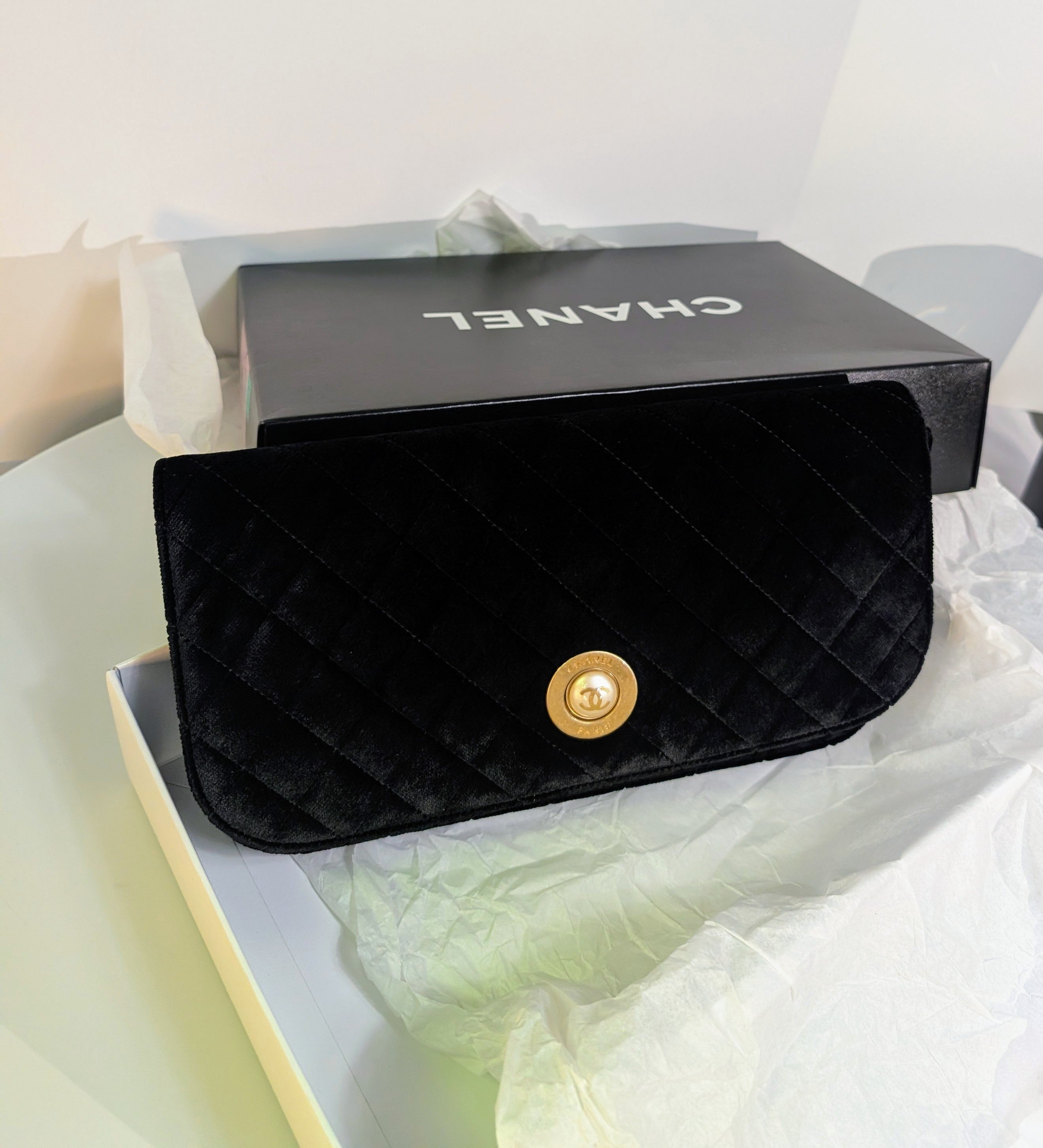 Chanel Paris Cosmopolite Black Velvet Quilted Flap Clutch with Pearl Button