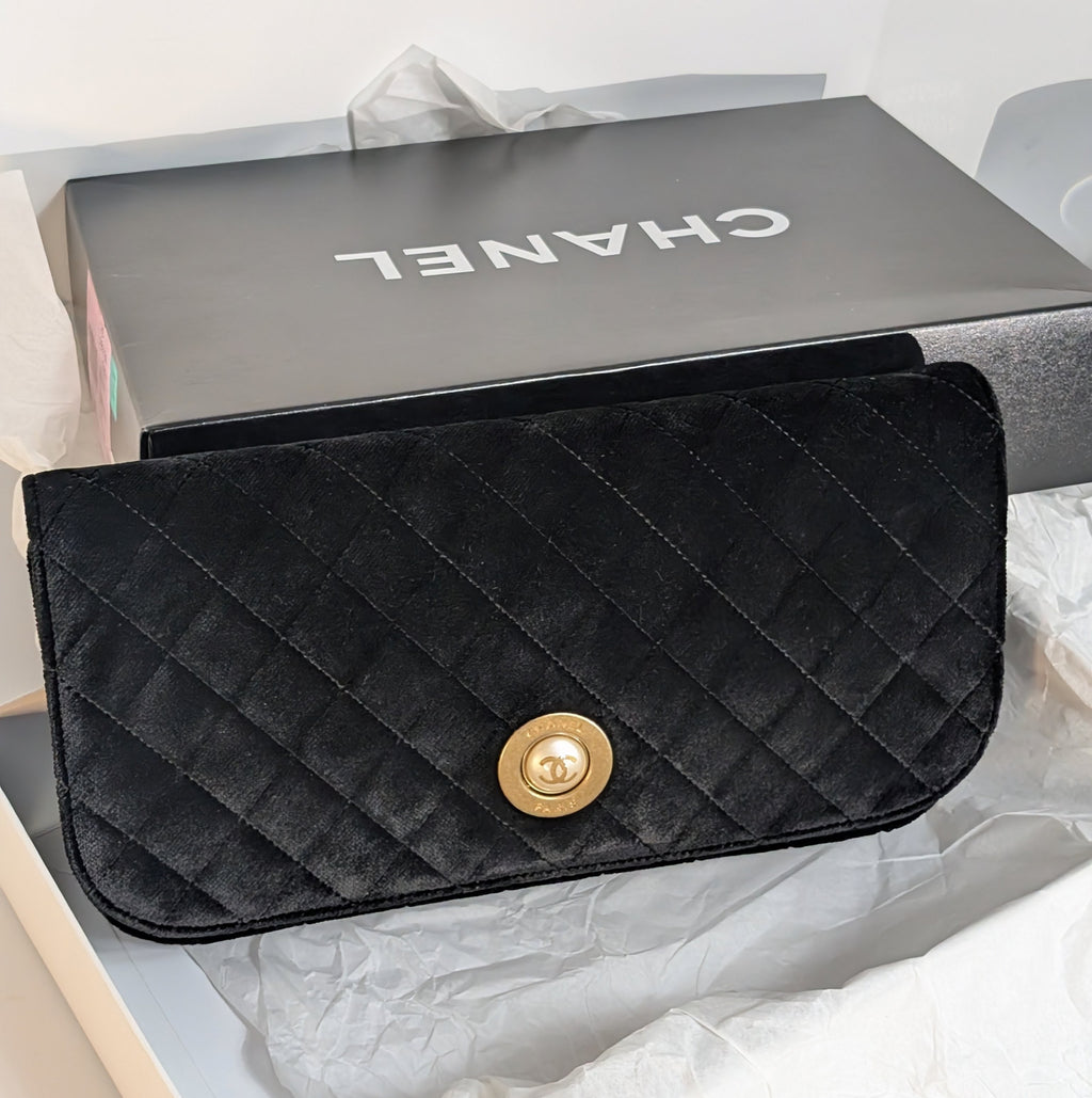 Chanel Paris Cosmopolite Black Velvet Quilted Flap Clutch with Pearl Button
