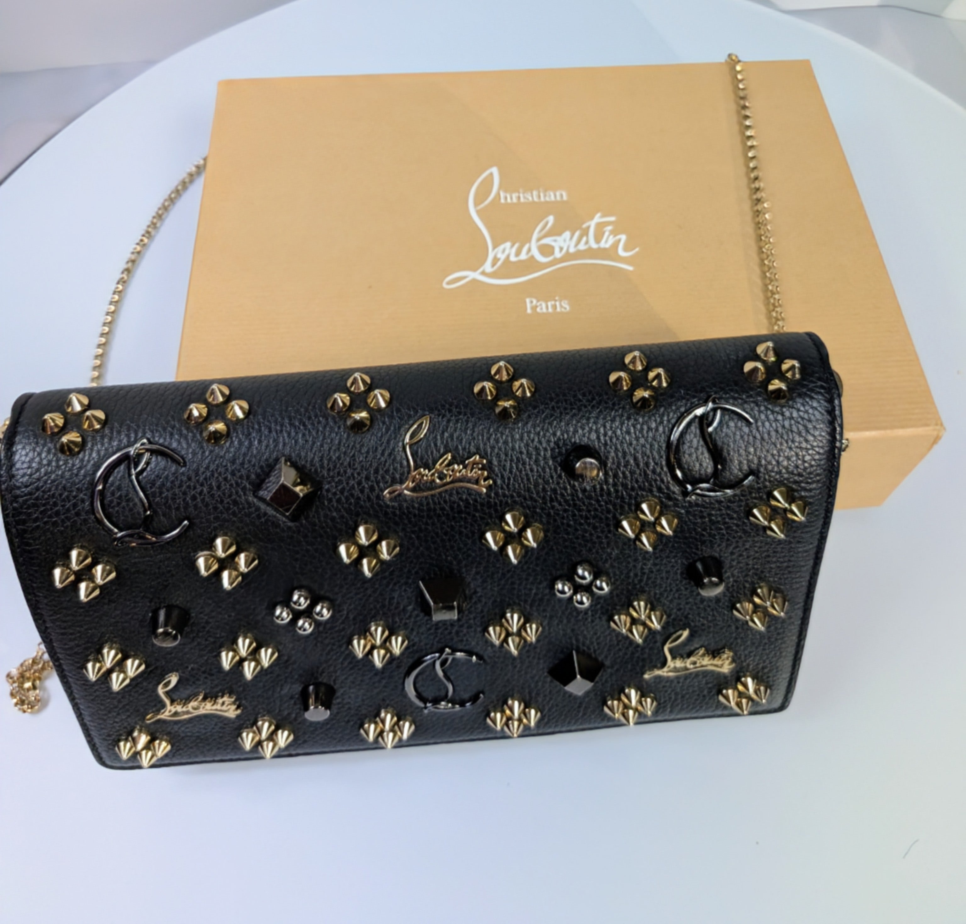 Christian Louboutin Black Calfskin Paloma Chain Clutch with Gold "Loubinthesky" Hardware
