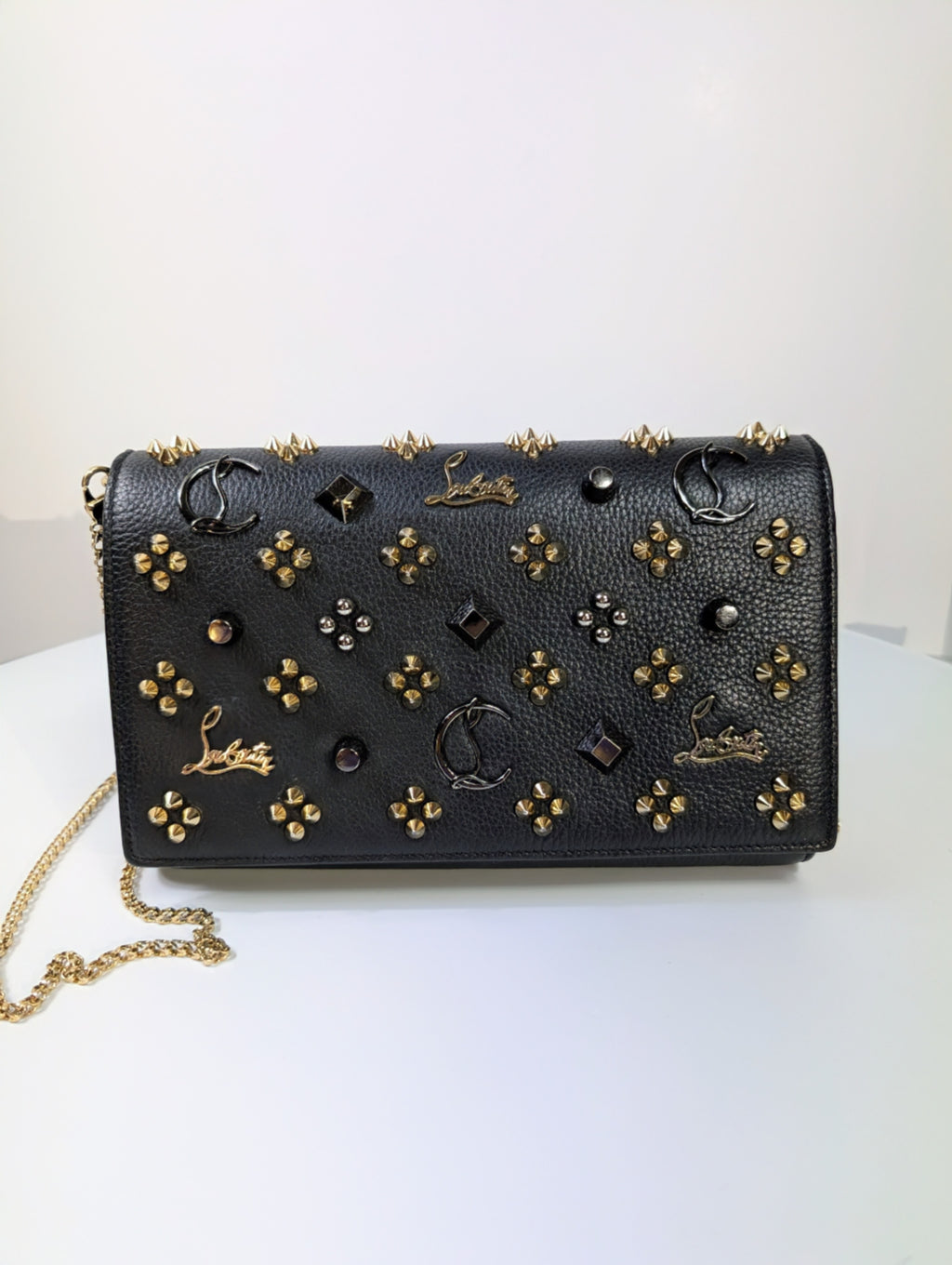 Christian Louboutin Black Calfskin Paloma Chain Clutch with Gold "Loubinthesky" Hardware