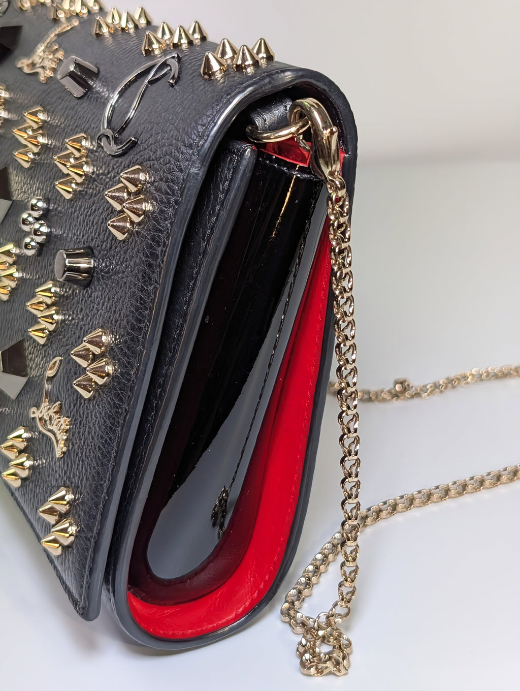 Christian Louboutin Black Calfskin Paloma Chain Clutch with Gold "Loubinthesky" Hardware