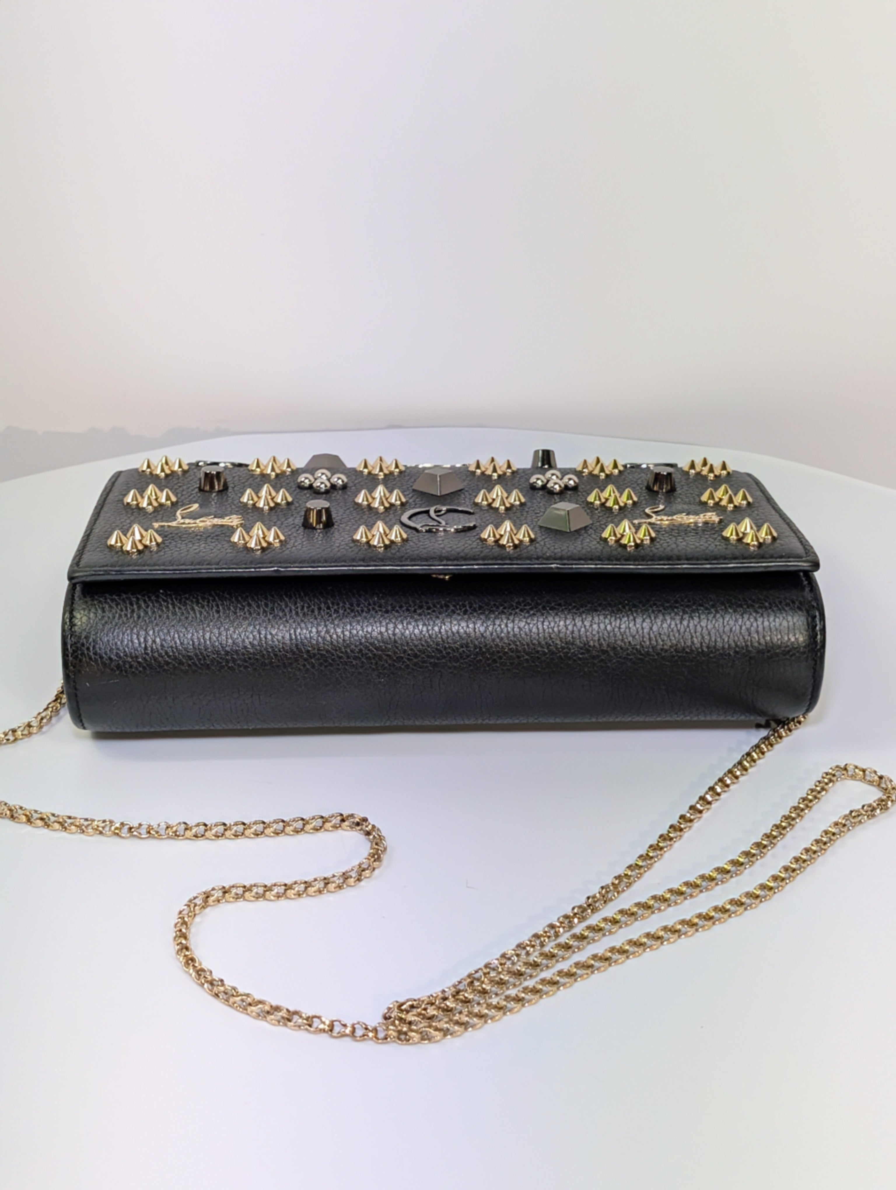 Christian Louboutin Black Calfskin Paloma Chain Clutch with Gold "Loubinthesky" Hardware
