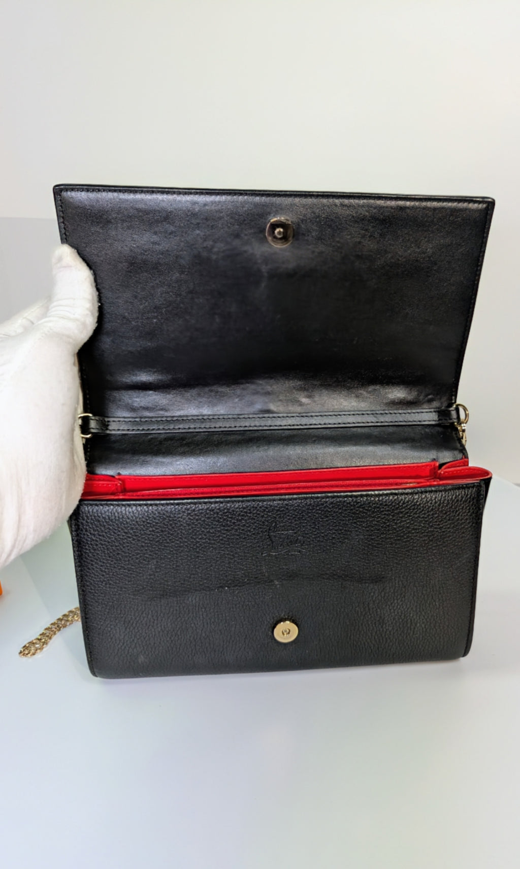 Christian Louboutin Black Calfskin Paloma Chain Clutch with Gold "Loubinthesky" Hardware