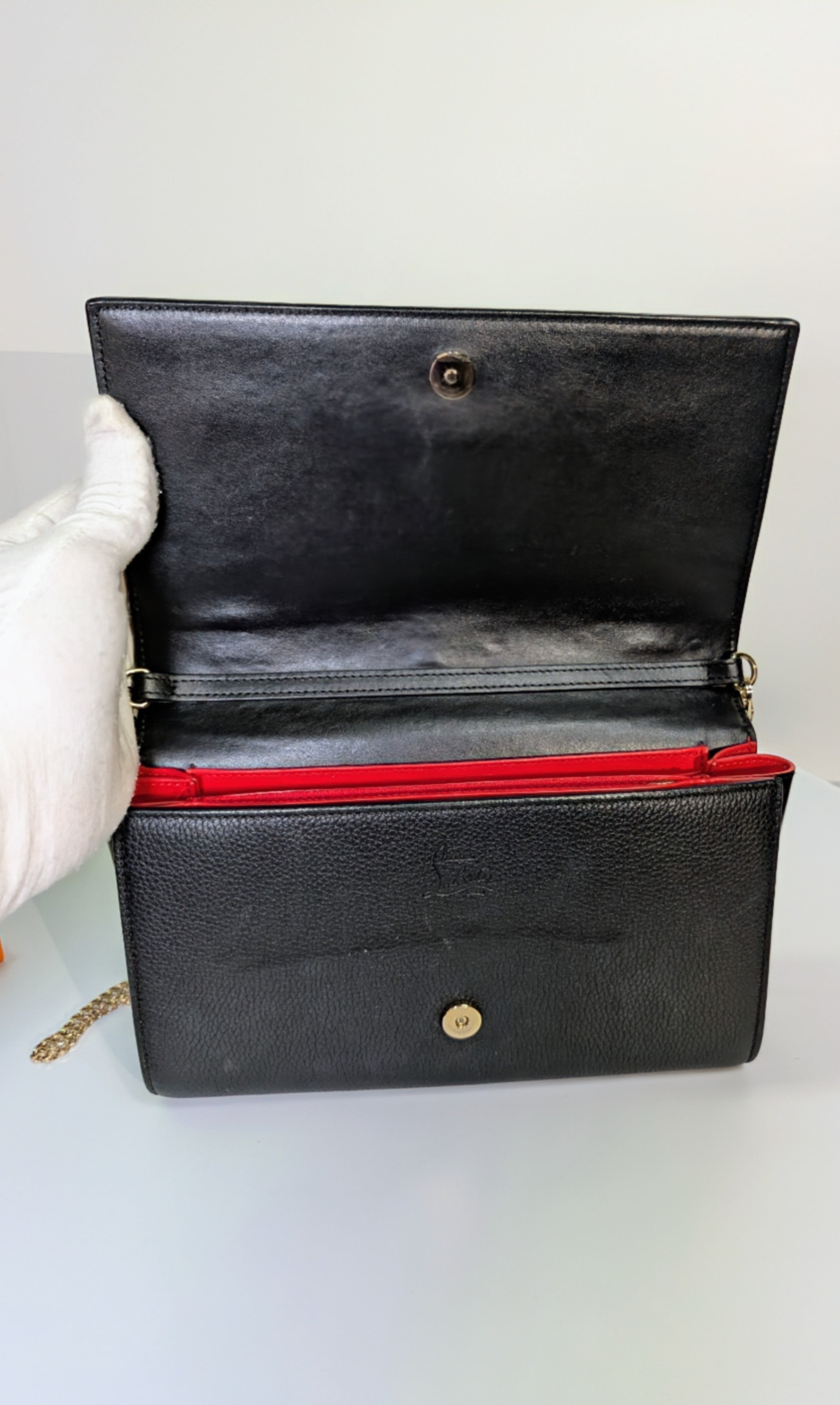 Christian Louboutin Black Calfskin Paloma Chain Clutch with Gold "Loubinthesky" Hardware