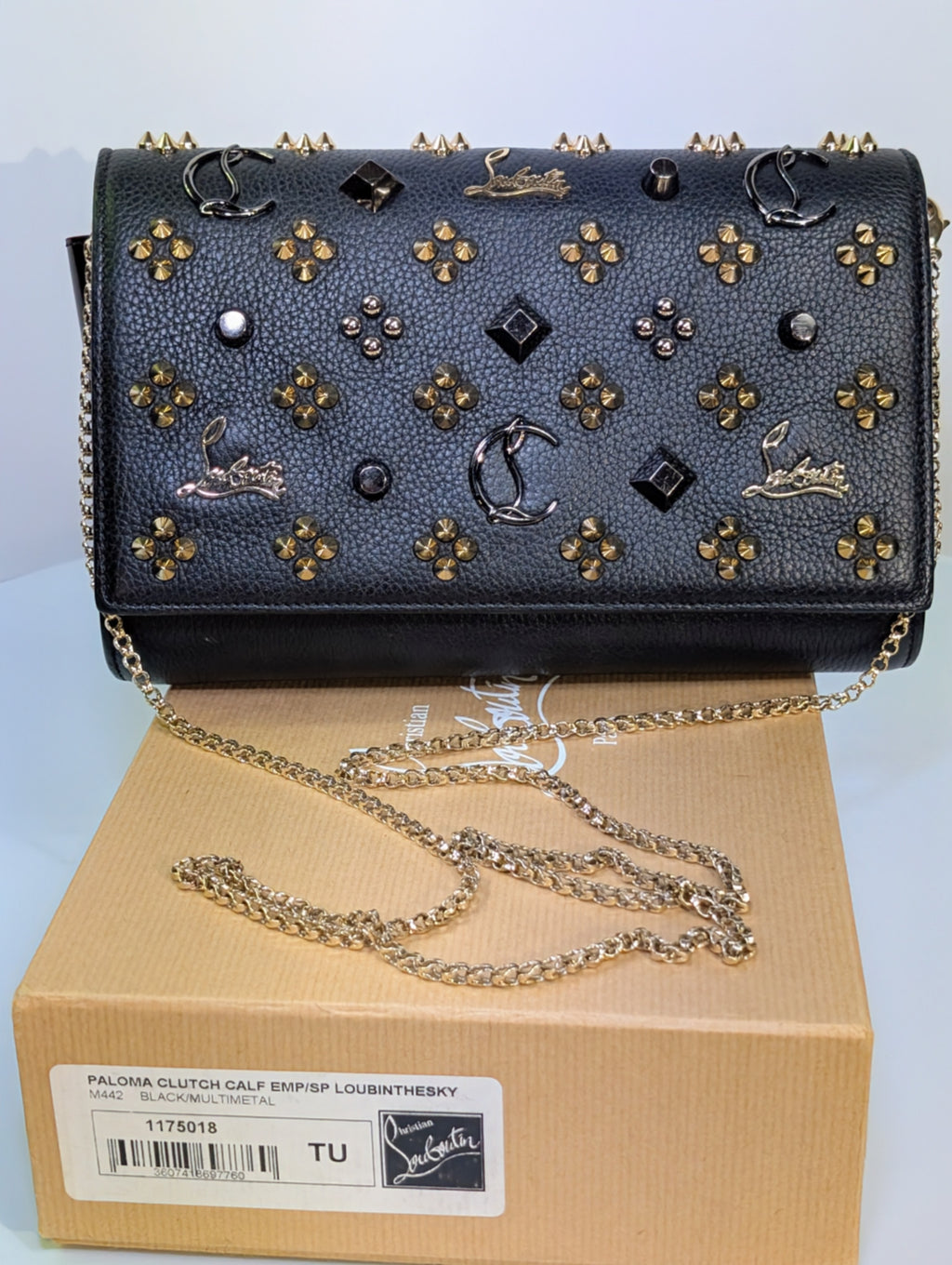 Christian Louboutin Black Calfskin Paloma Chain Clutch with Gold "Loubinthesky" Hardware