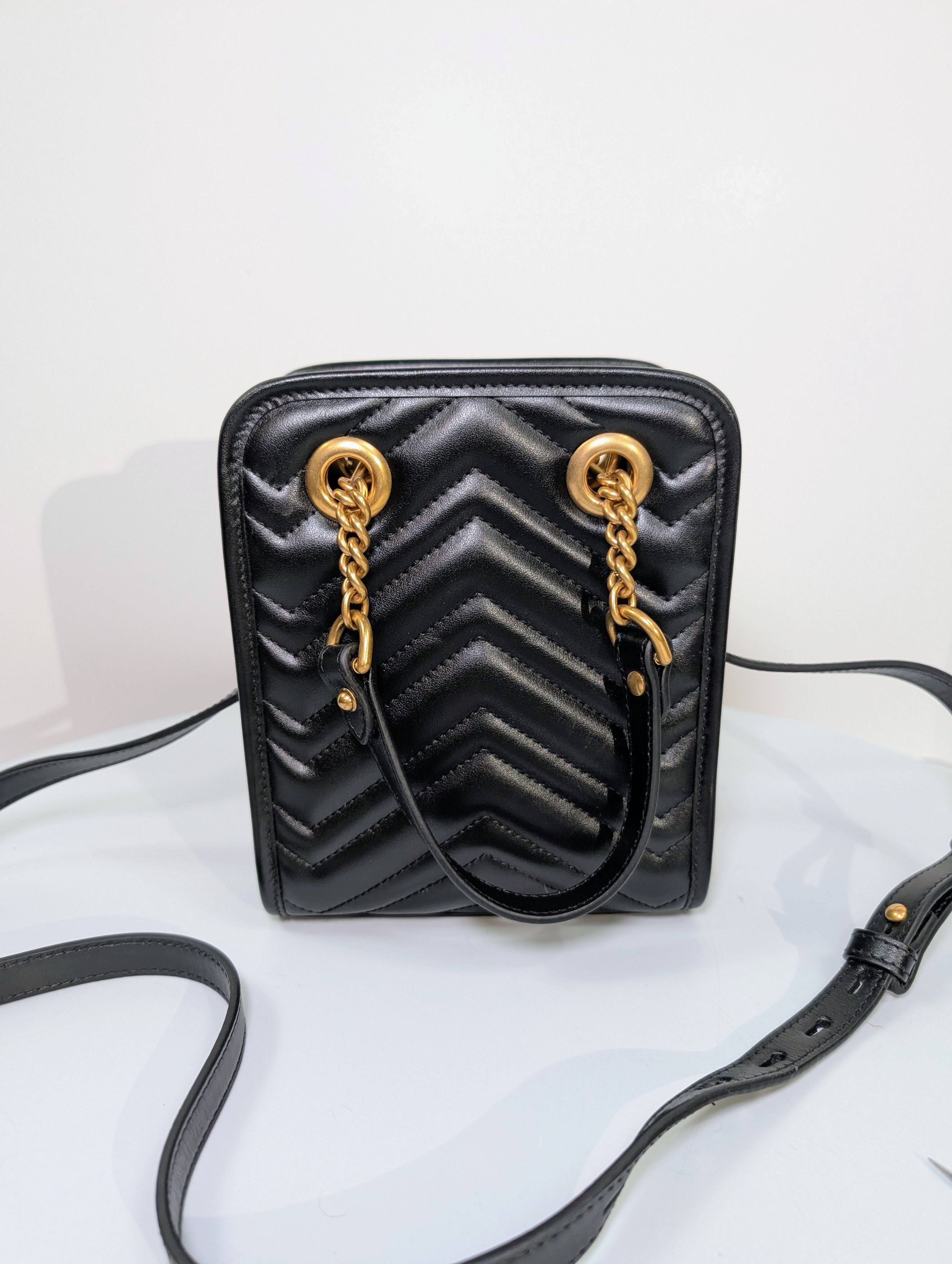 Gucci Black Leather GG Marmont Matelassé Mini Shoulder Bag