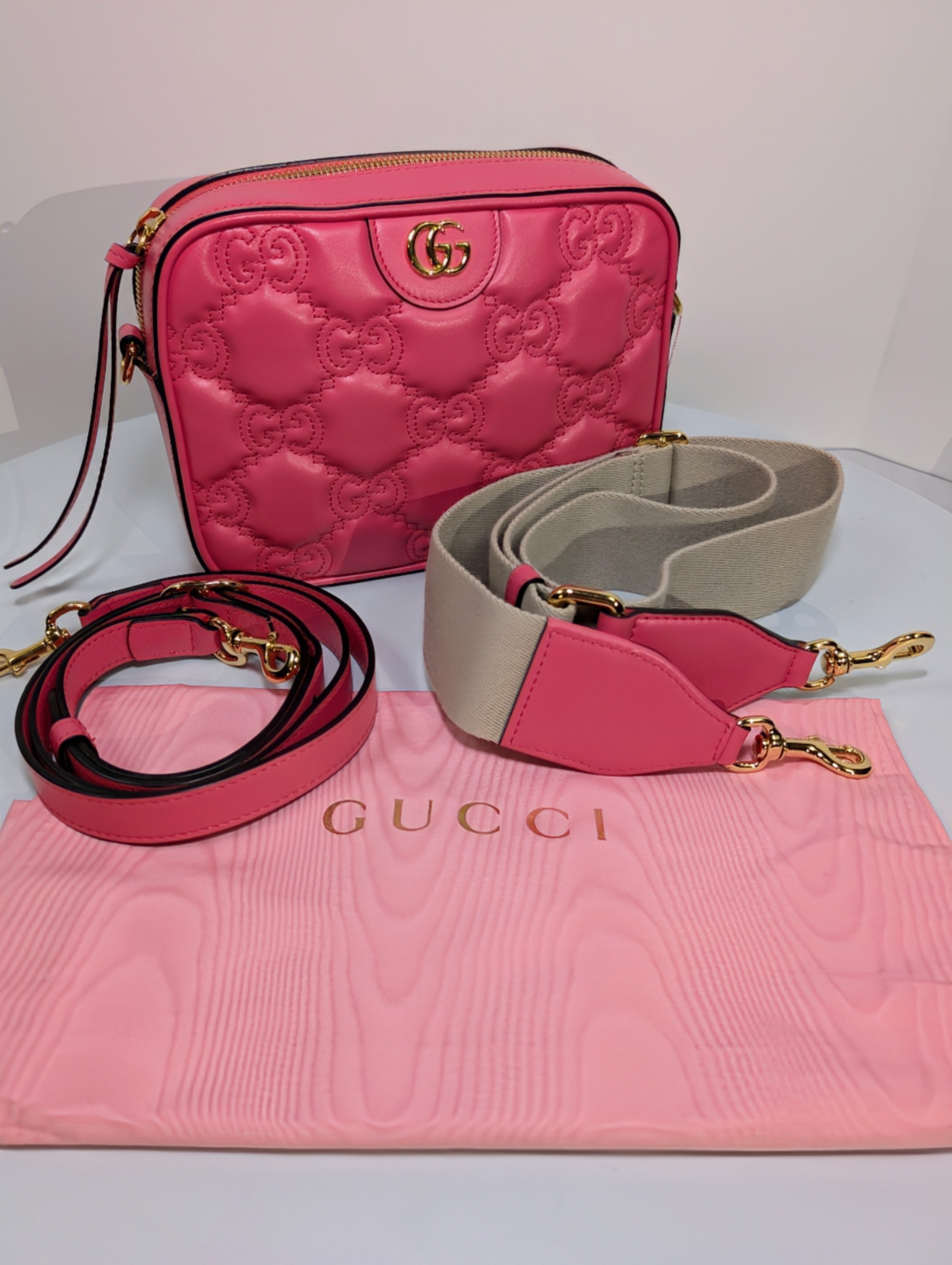 Gucci GG Hot Pink Matelasse Leather Double-Strap Camera Bag