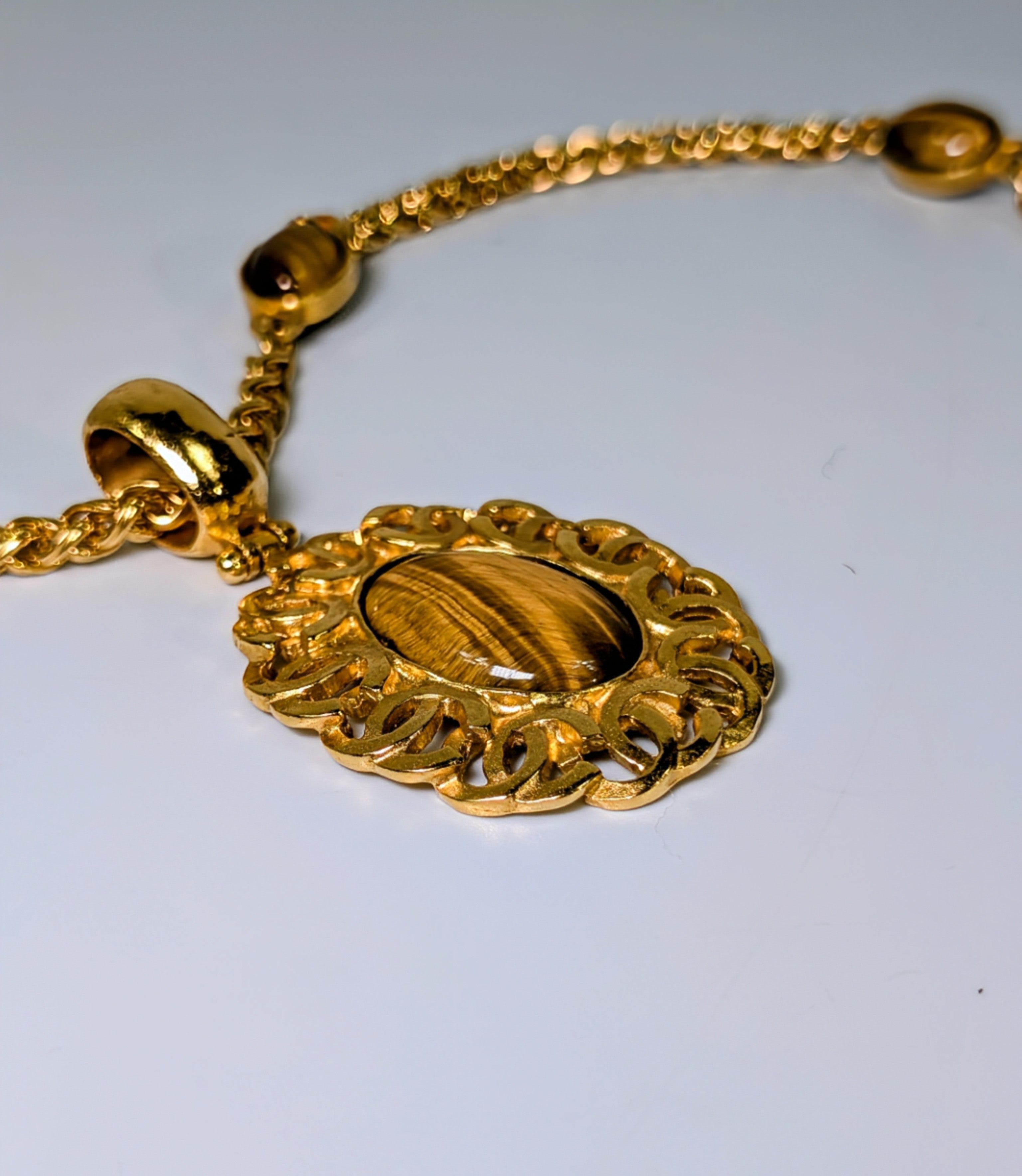 Chanel Very Rare Vintage 24k Gold Tiger Eye Statement Necklace