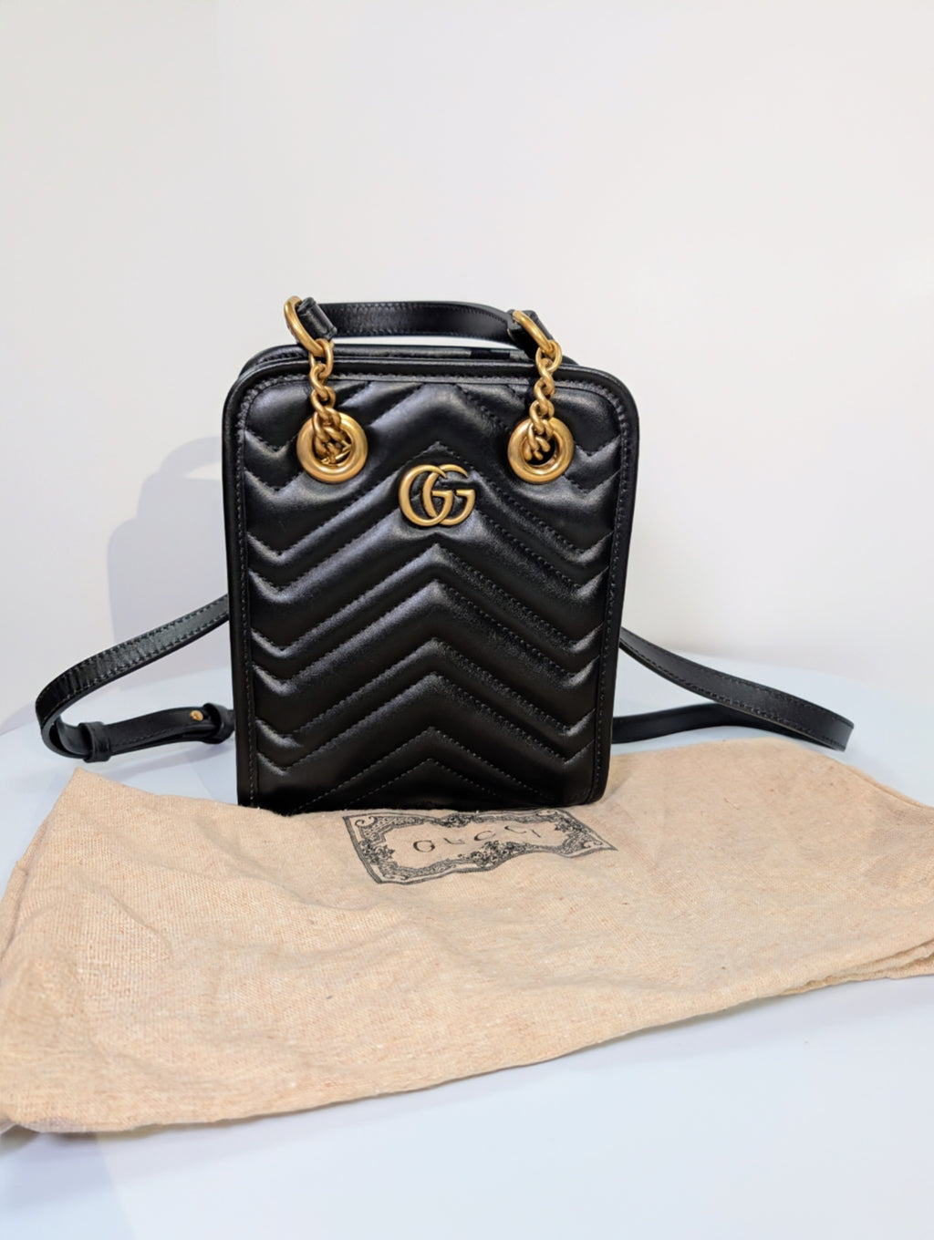 Gucci Black Leather GG Marmont Matelassé Mini Shoulder Bag