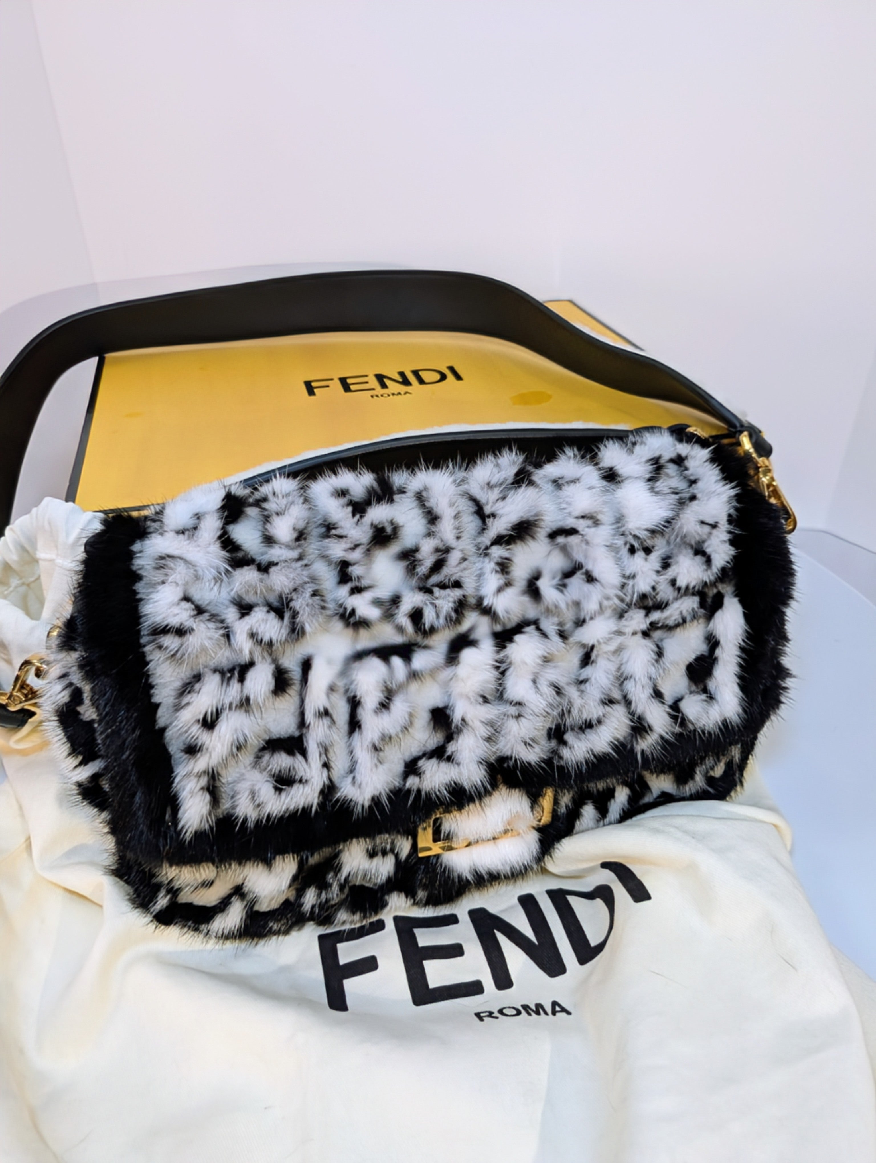 Fendi Rare Black and White European Mink Fur Baguette Bag with Matching Mink Strap
