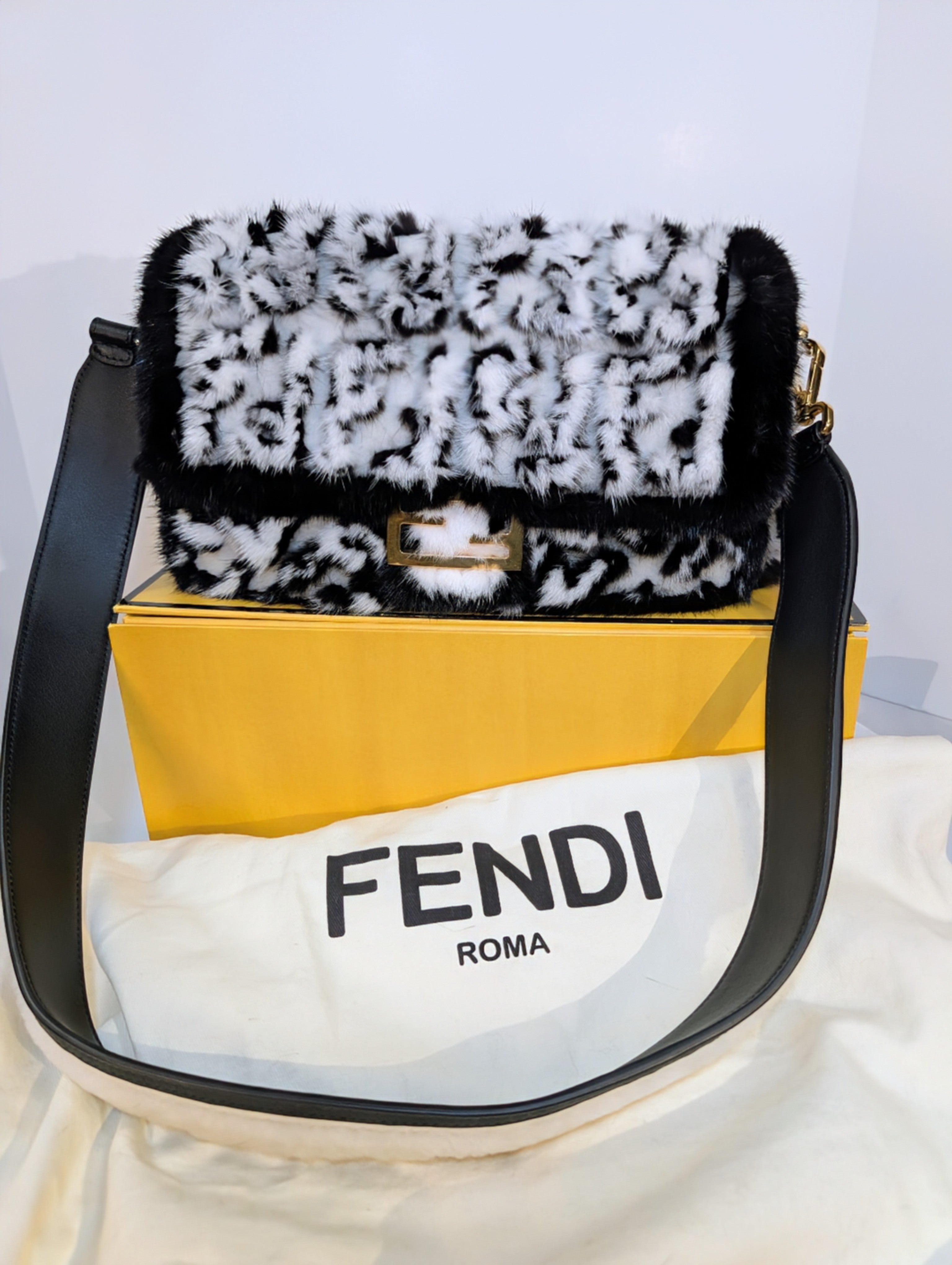 Fendi Rare Black and White European Mink Fur Baguette Bag with Matching Mink Strap