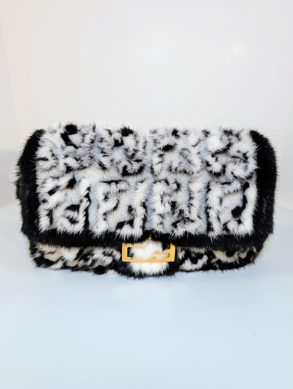 Fendi Rare Black and White European Mink Fur Baguette Bag with Matching Mink Strap