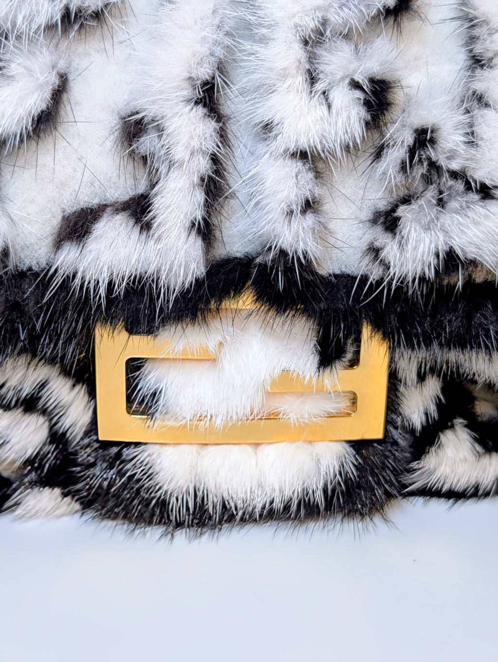 Fendi Rare Black and White European Mink Fur Baguette Bag with Matching Mink Strap
