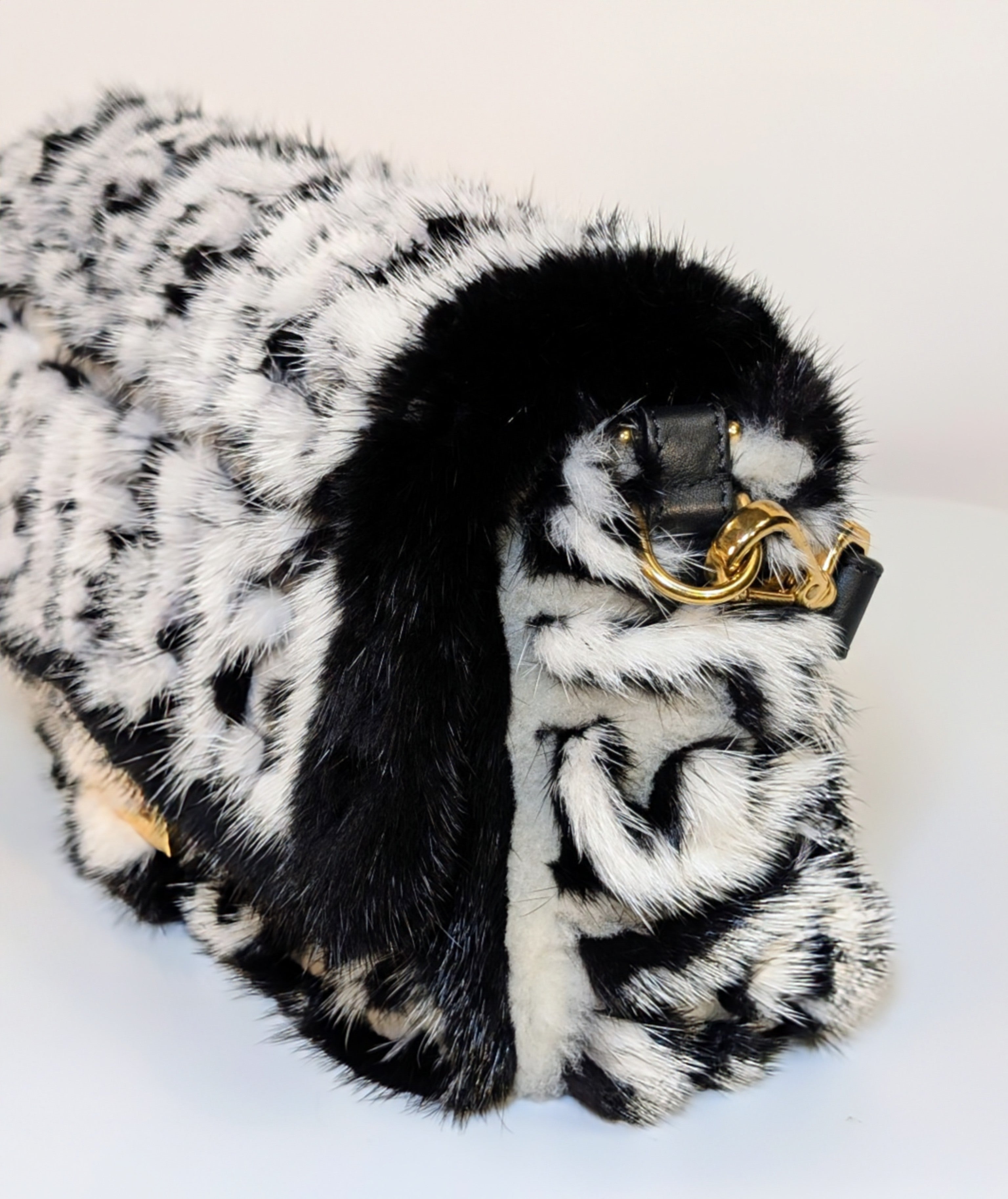 Fendi Rare Black and White European Mink Fur Baguette Bag with Matching Mink Strap