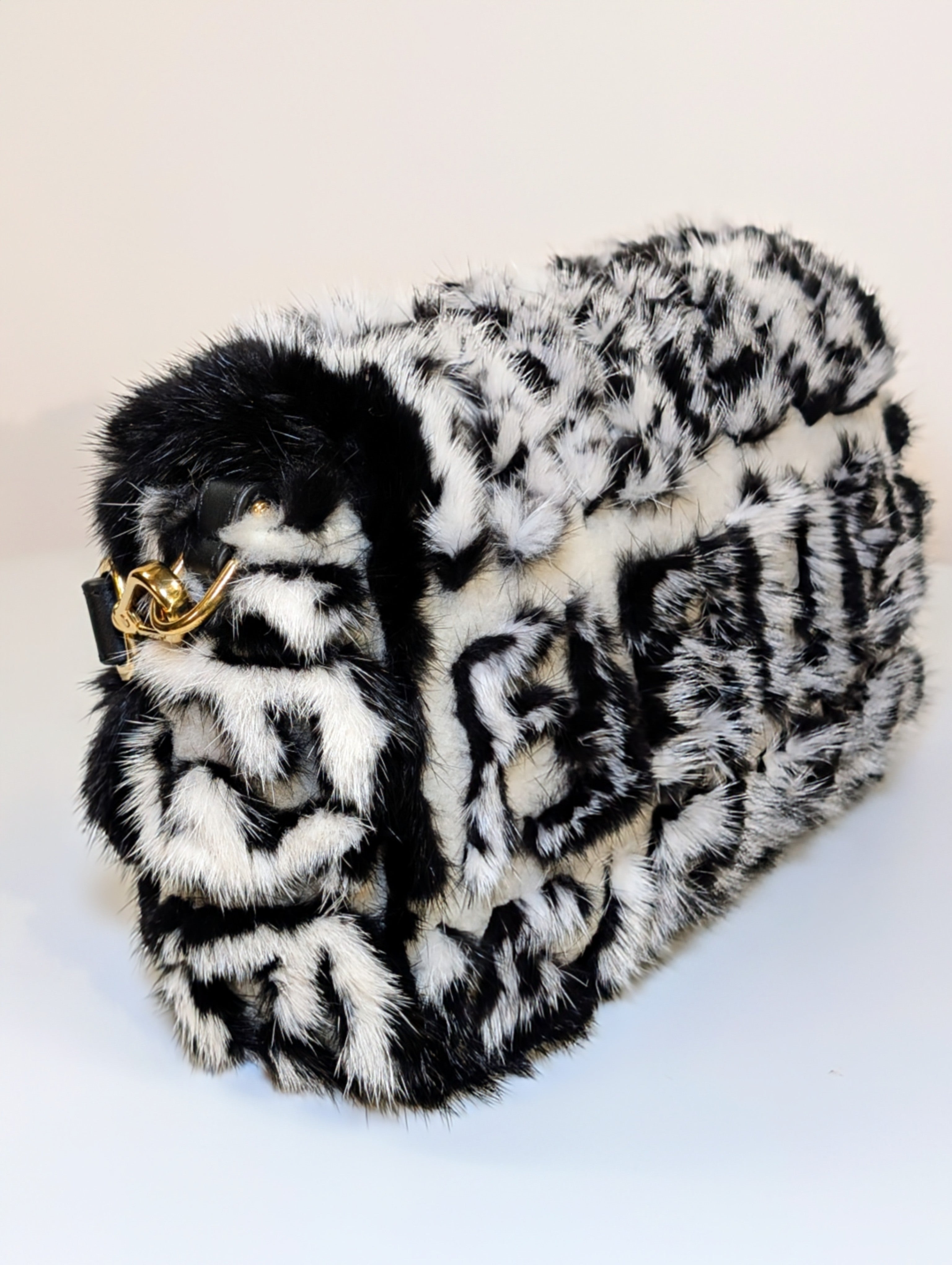 Fendi Rare Black and White European Mink Fur Baguette Bag with Matching Mink Strap