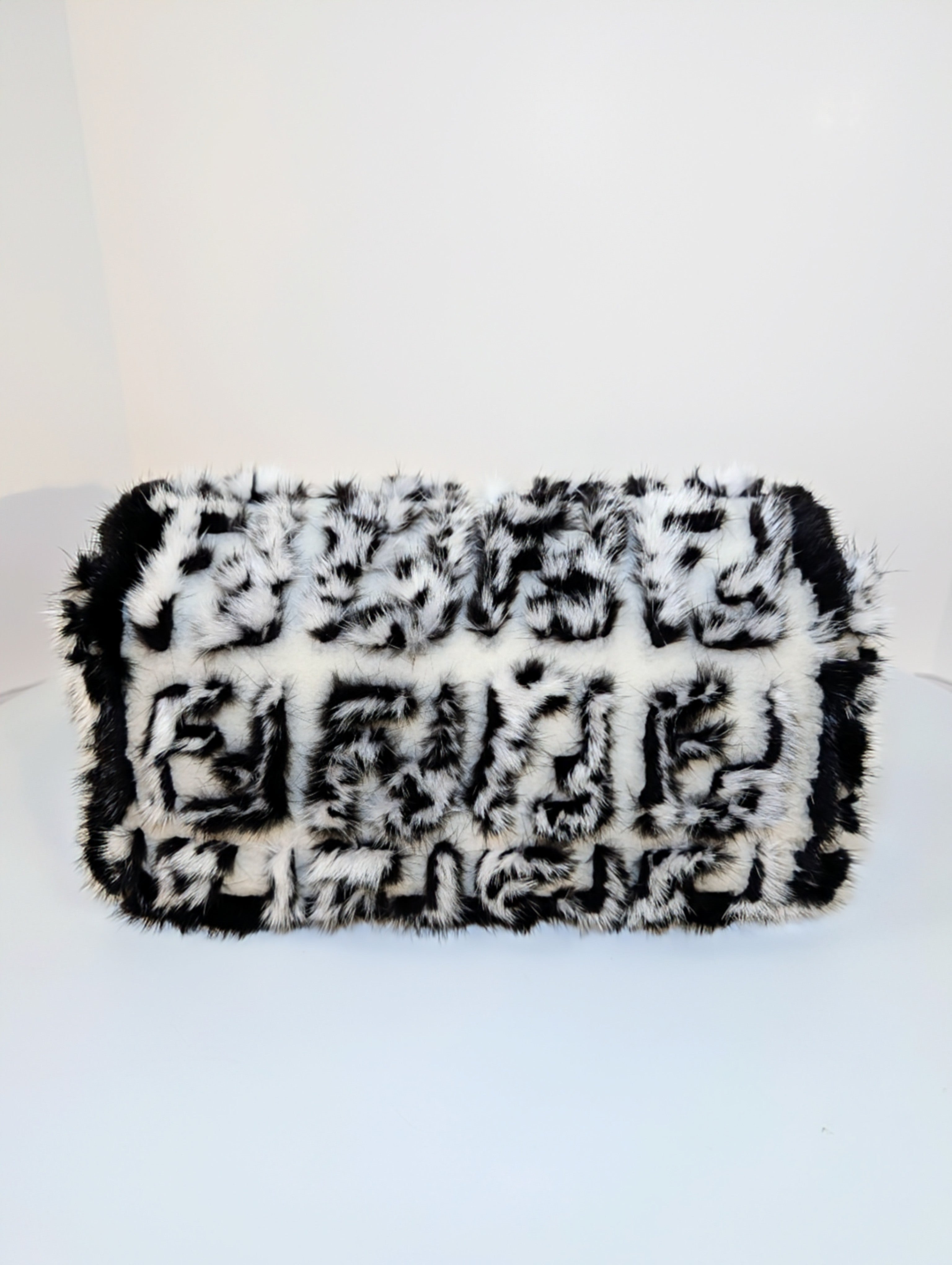 Fendi Rare Black and White European Mink Fur Baguette Bag with Matching Mink Strap