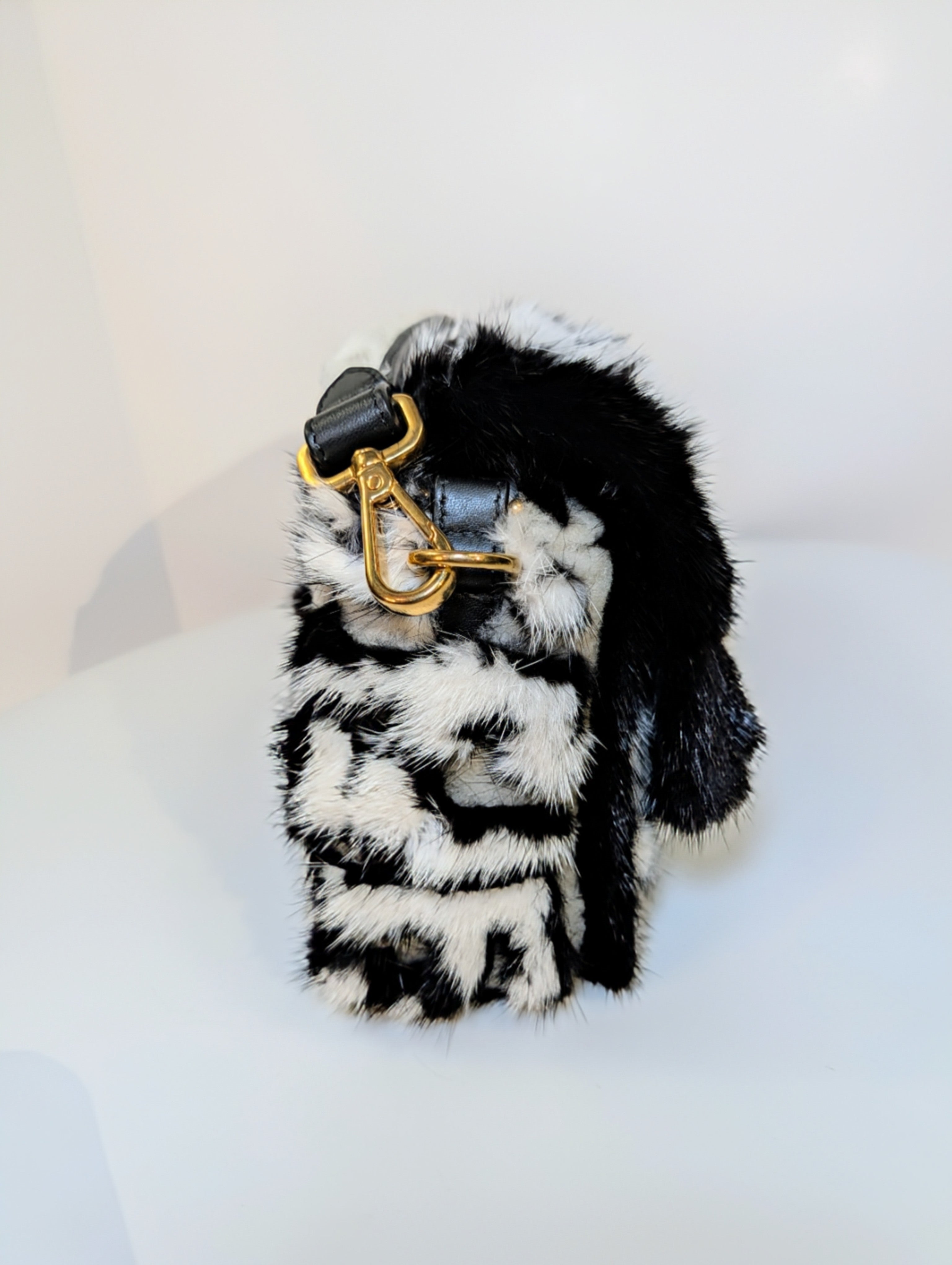 Fendi Rare Black and White European Mink Fur Baguette Bag with Matching Mink Strap