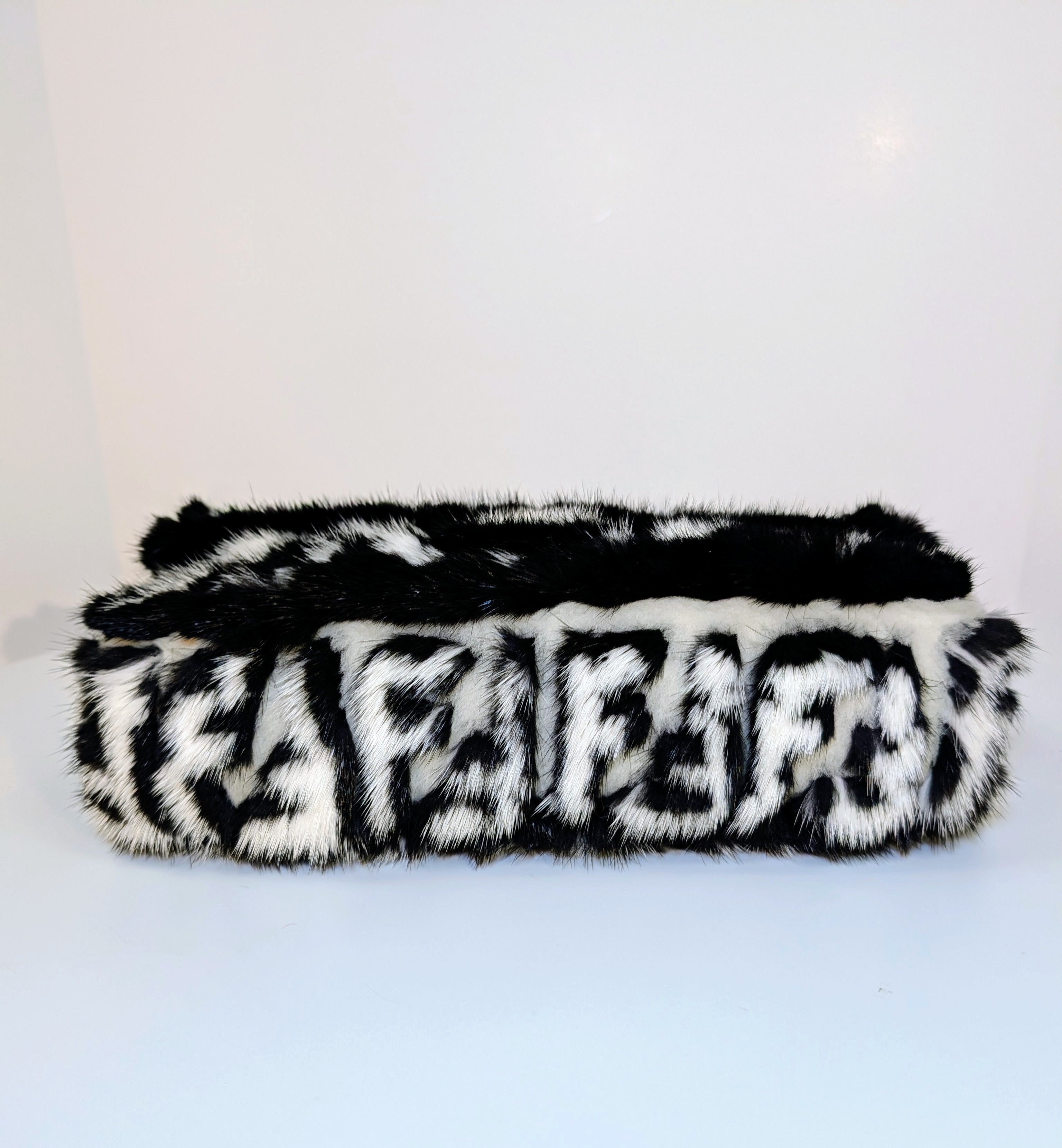 Fendi Rare Black and White European Mink Fur Baguette Bag with Matching Mink Strap