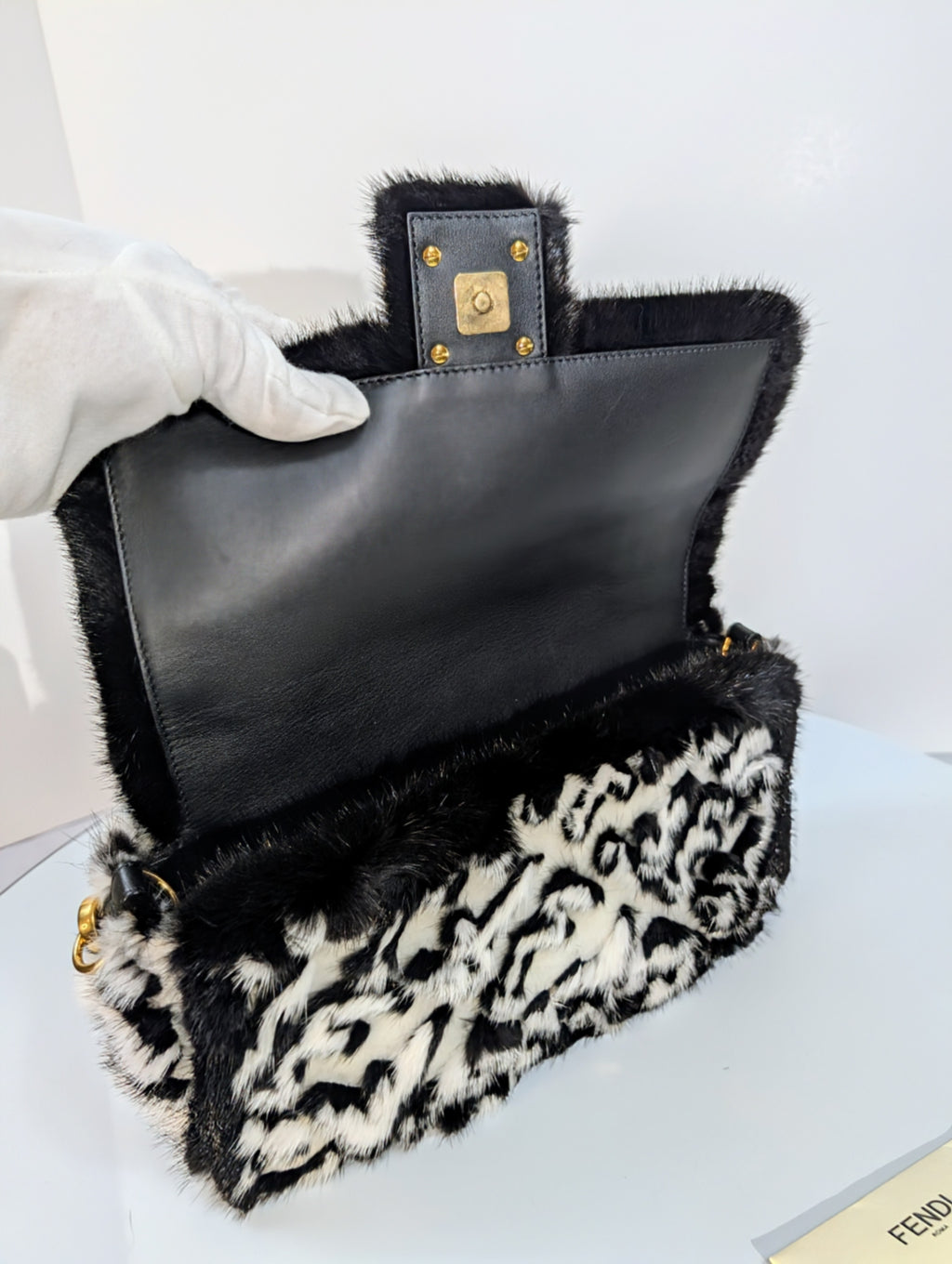 Fendi Rare Black and White European Mink Fur Baguette Bag with Matching Mink Strap