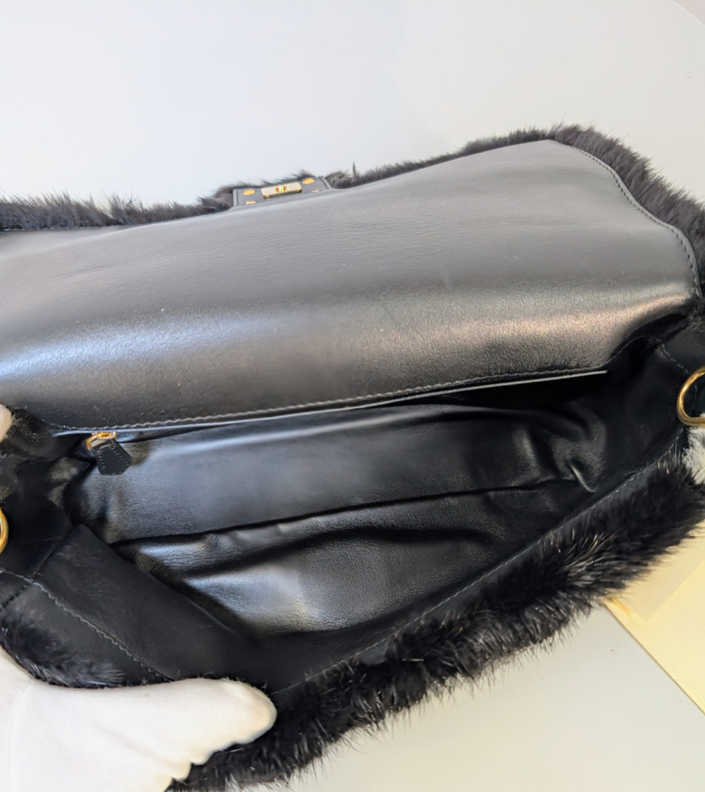 Fendi Rare Black and White European Mink Fur Baguette Bag with Matching Mink Strap