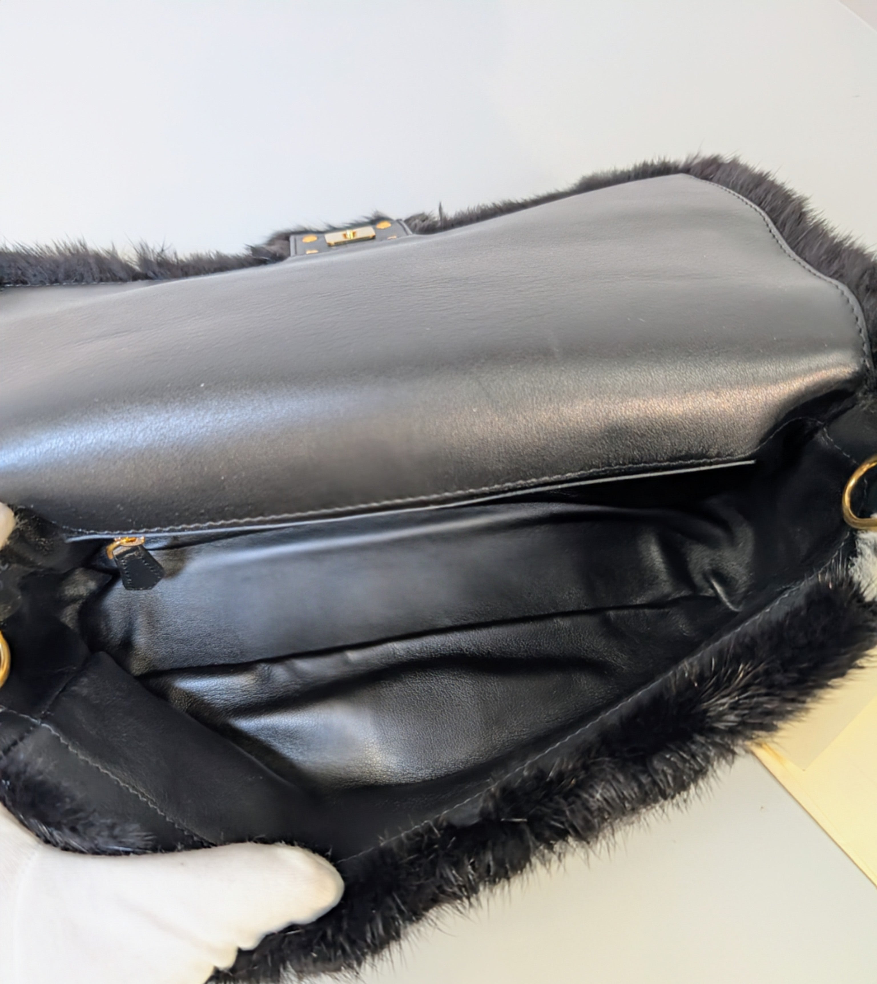 Fendi Rare Black and White European Mink Fur Baguette Bag with Matching Mink Strap