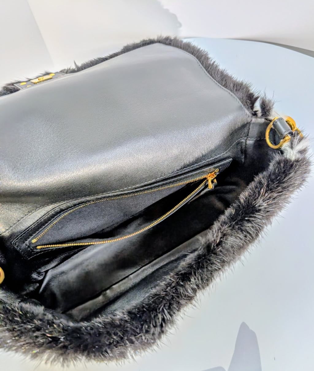 Fendi Rare Black and White European Mink Fur Baguette Bag with Matching Mink Strap