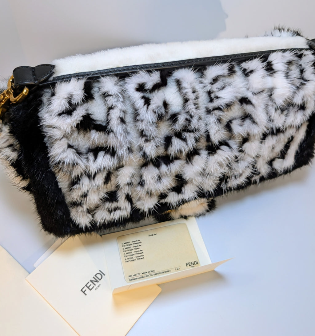 Fendi Rare Black and White European Mink Fur Baguette Bag with Matching Mink Strap