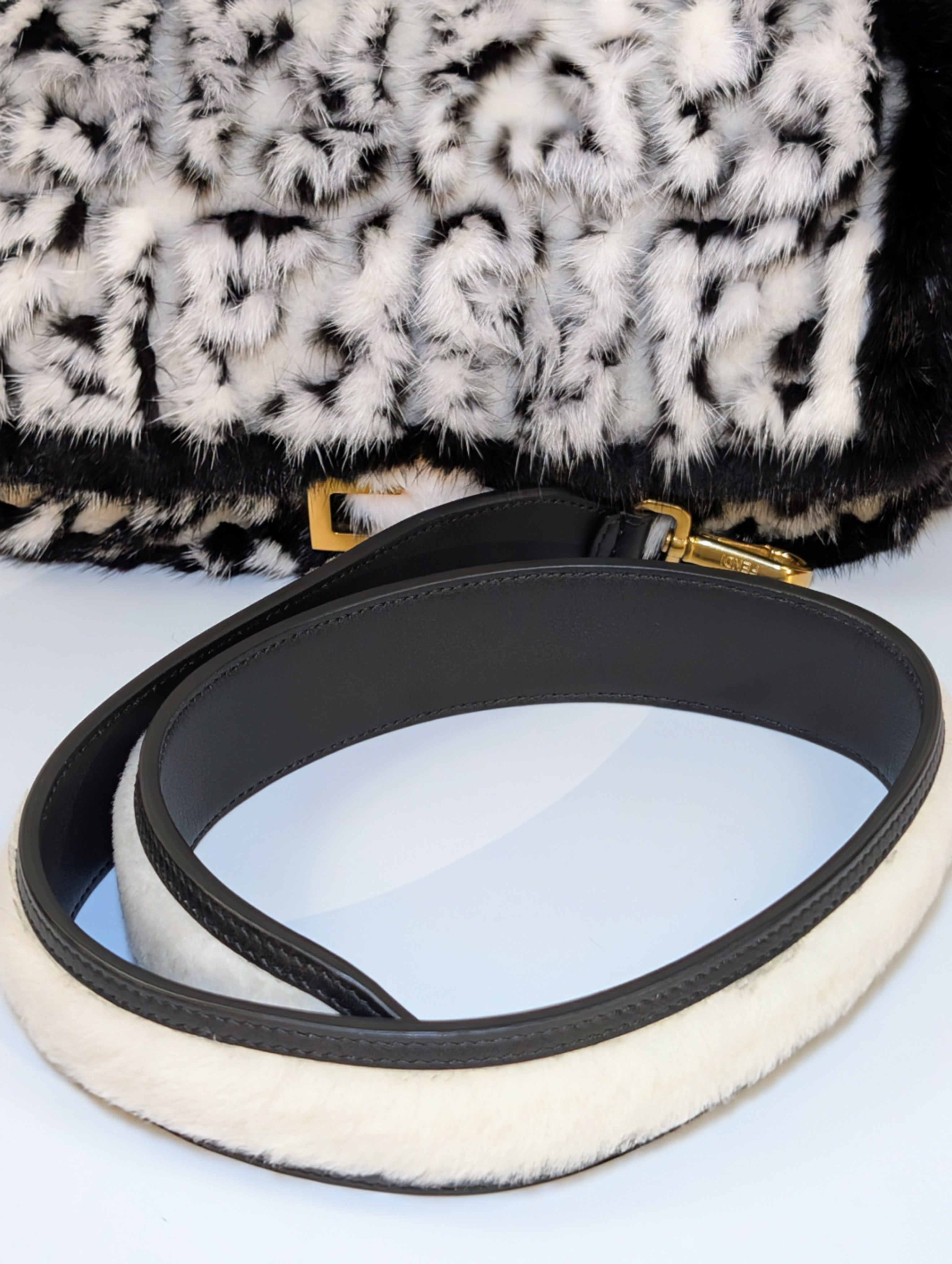 Fendi Rare Black and White European Mink Fur Baguette Bag with Matching Mink Strap