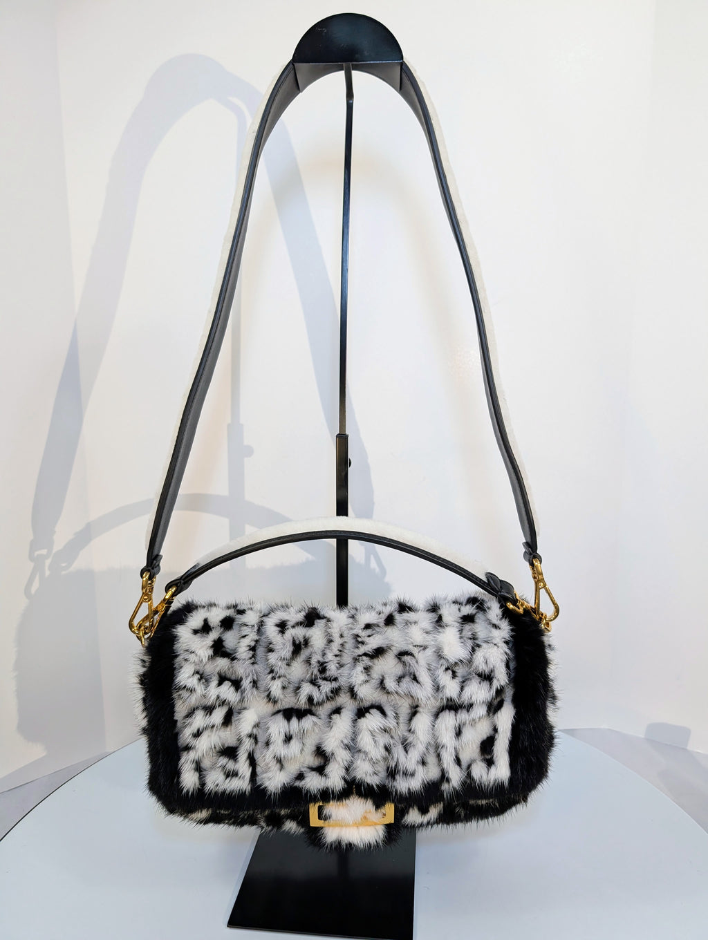 Fendi Rare Black and White European Mink Fur Baguette Bag with Matching Mink Strap